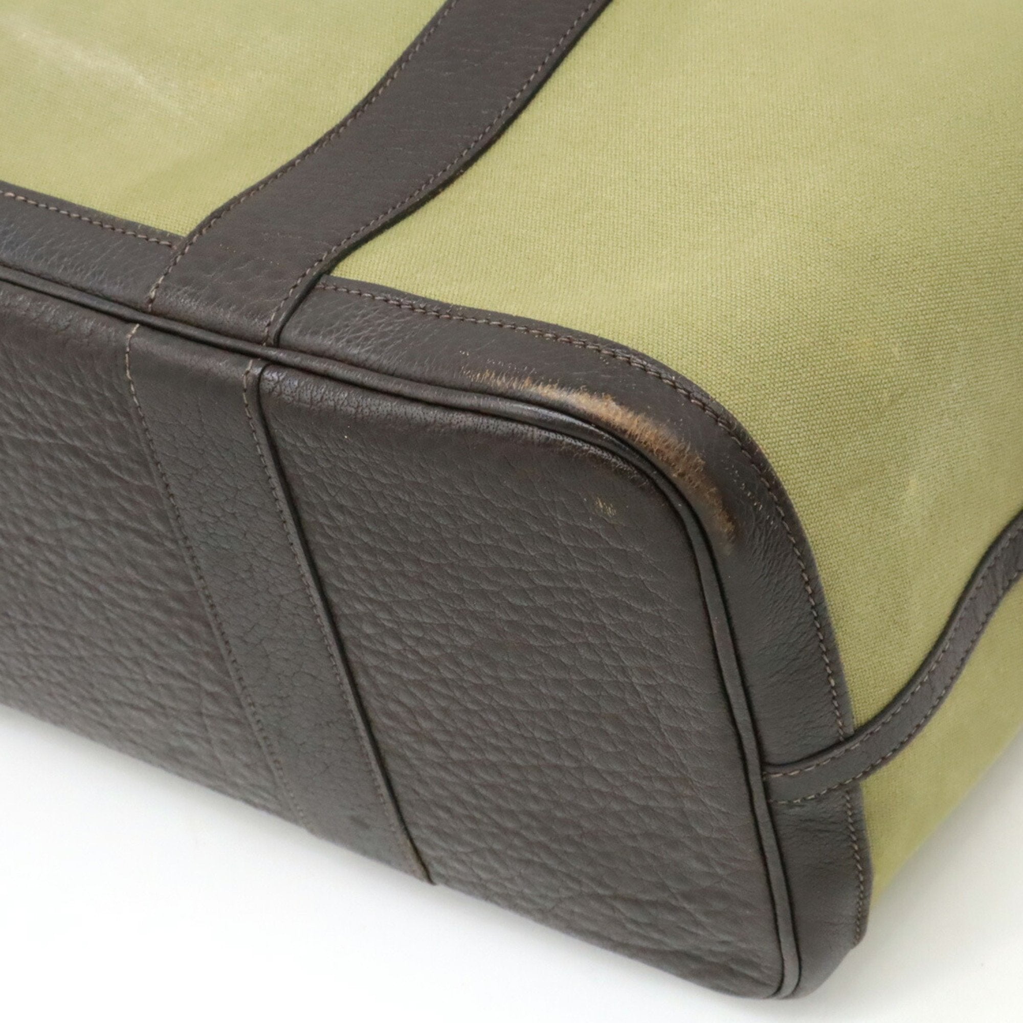Hermes Garden Dark Brown Khaki Toile Officier Leather Handbag Tote Bag (Pre-Owned)