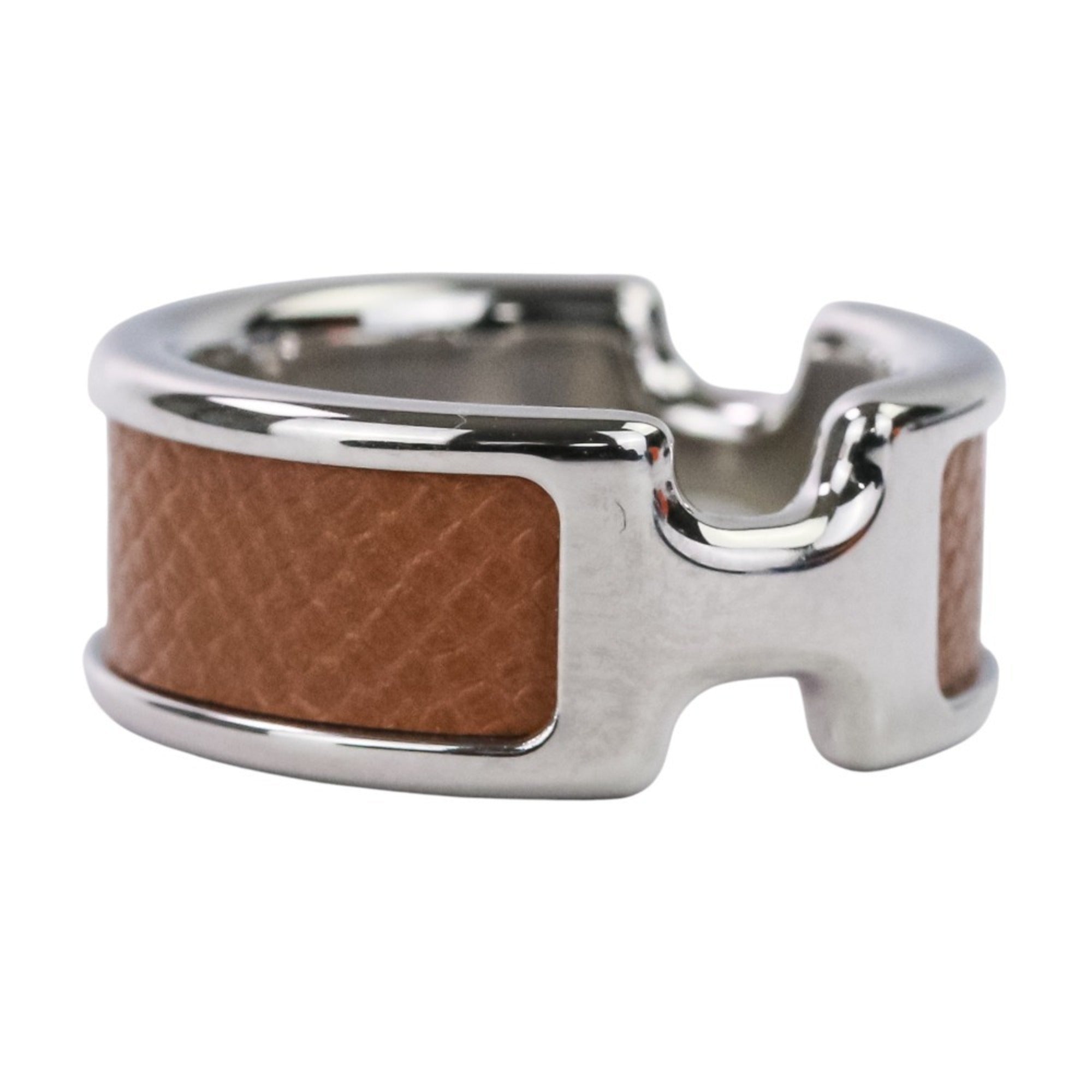 Hermes Silver Brown Leather Metal Band Ring (Pre-Owned)