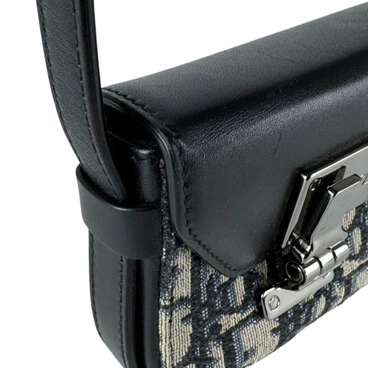 Christian Dior Black Navy Leather Canvas Shoulder Bag (Pre-Owned)