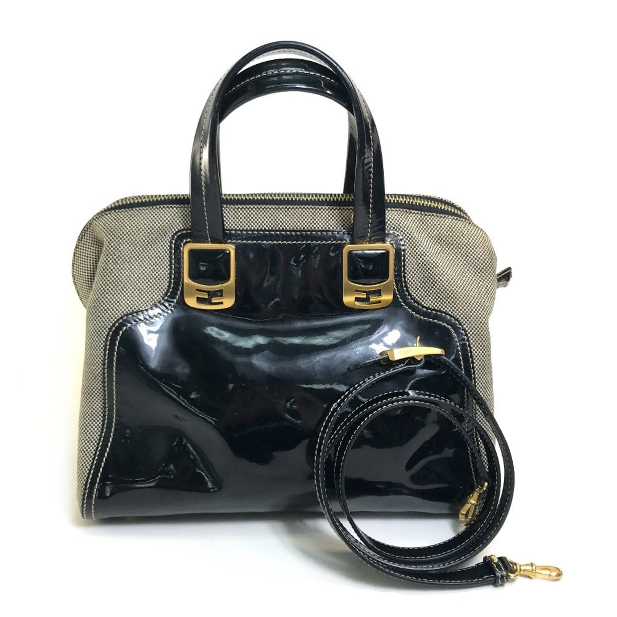 Fendi Chameleon Black Canvas Patent Leather Handbag Shoulder Bag (Pre-Owned)