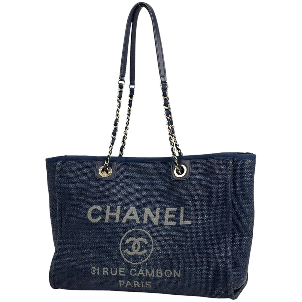 Chanel Deauville Navy Straw Leather Tote Bag (Pre-Owned)