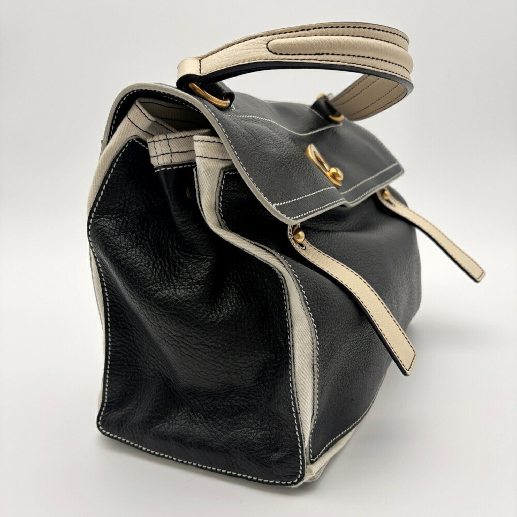 Yves Saint Laurent Black White Leather Canvas Handbag (Pre-Owned)