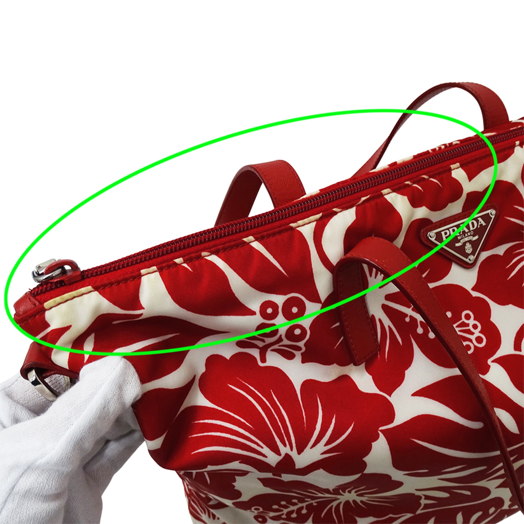 Prada Red Color White Nylon Handbag Shoulder Bag Tote Bag (Pre-Owned)