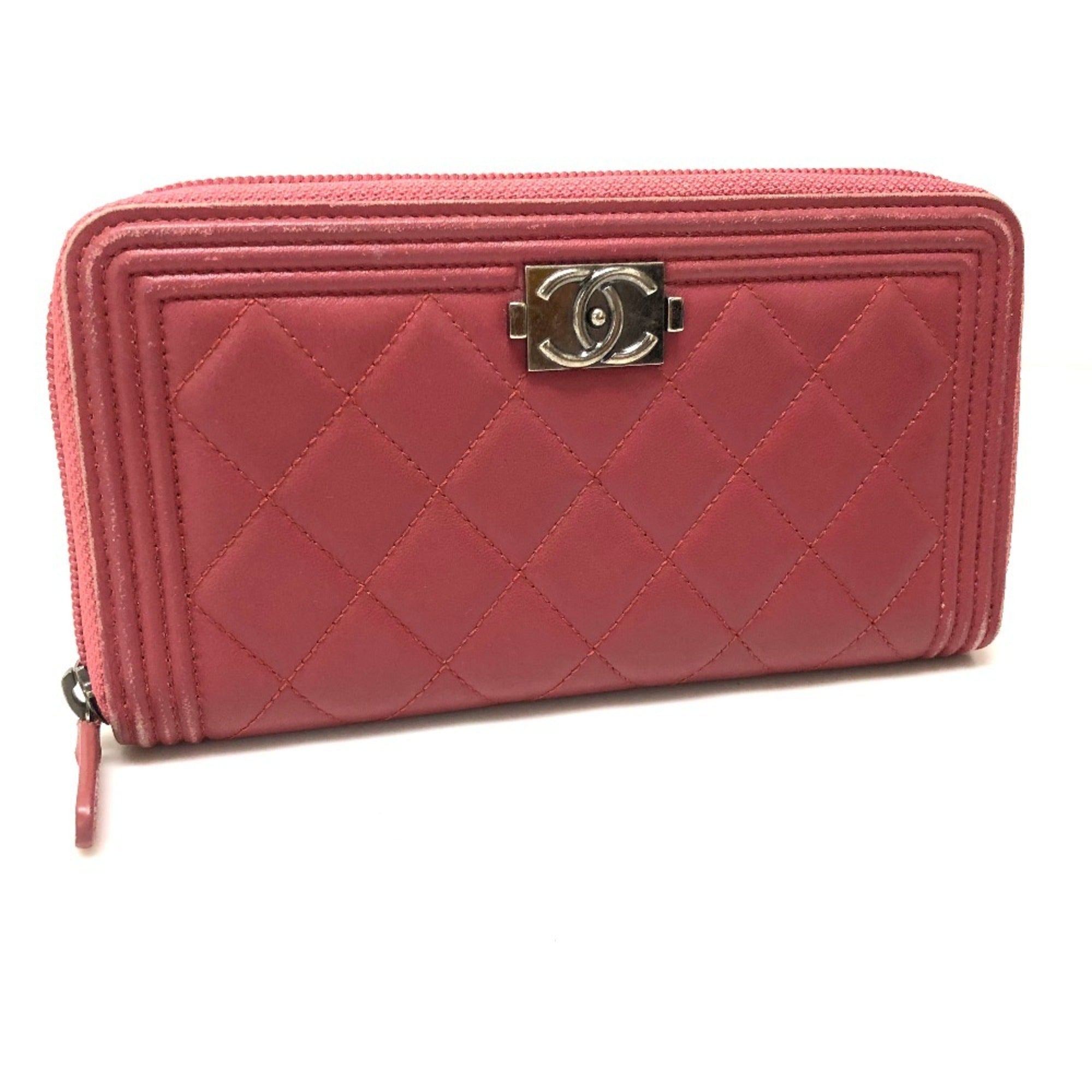 Chanel Boy Chanel Rose Pink Leather Long Wallet (Bi-Fold) (Pre-Owned)
