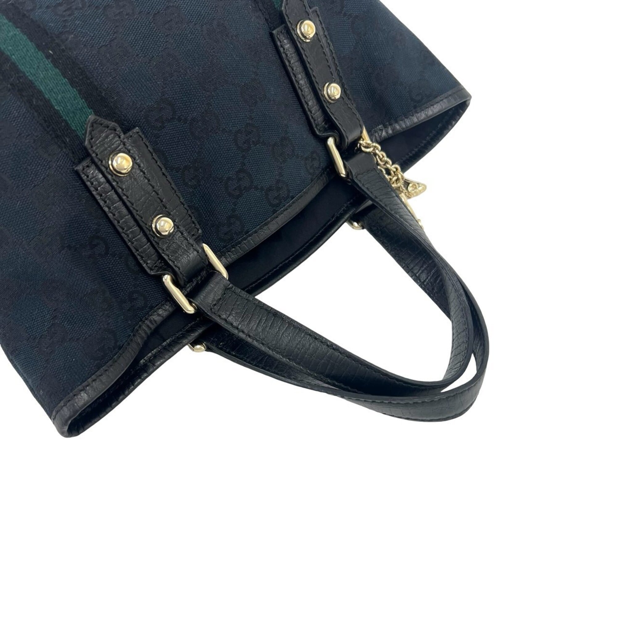 Gucci Black Navy Canvas Leather Boston Bag Handbag Tote Bag (Pre-Owned)