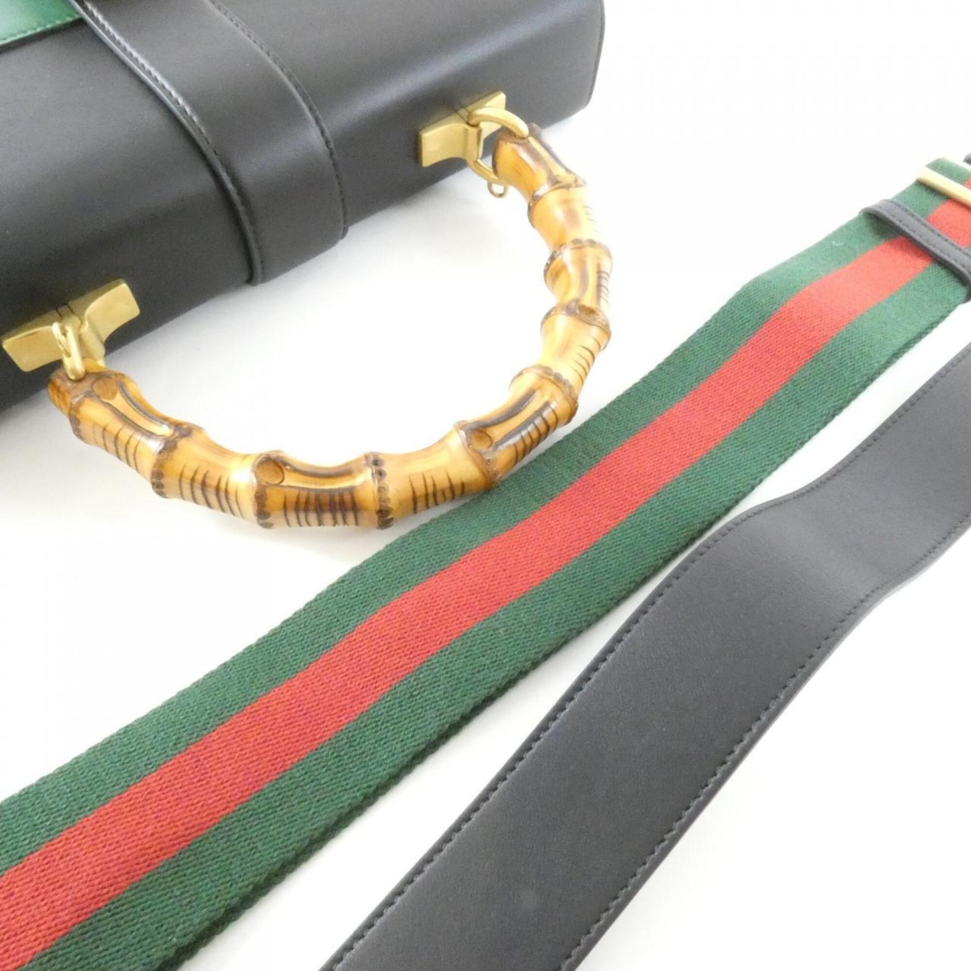 Gucci Black Green Red Color Leather Handbag (Pre-Owned)