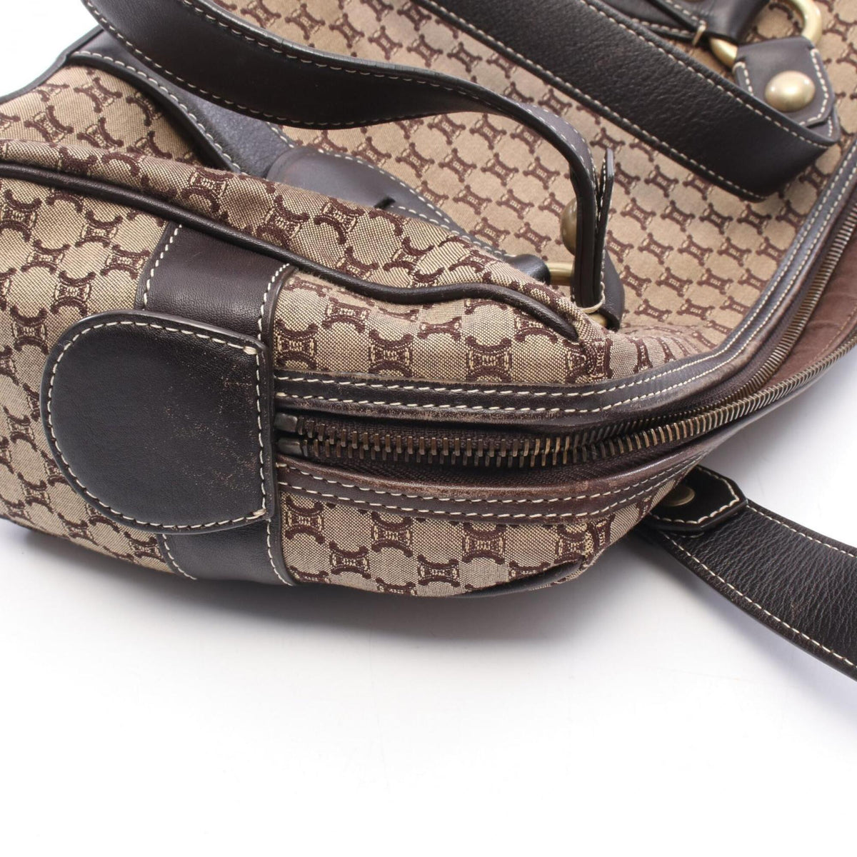 Celine Beige Brown Canvas Leather Boston Bag Handbag Shoulder Bag (Pre-Owned)