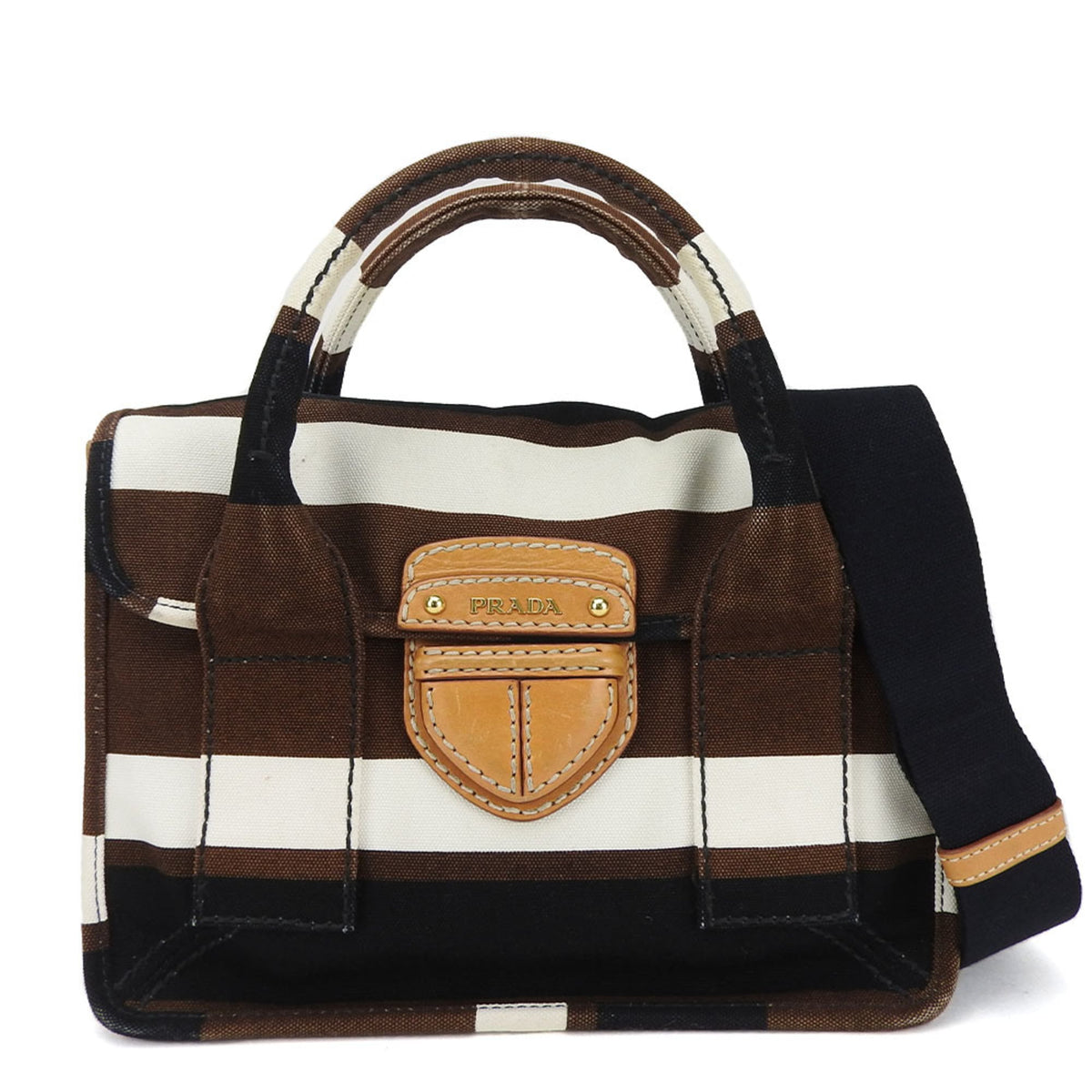 Prada Black Brown White Canvas Handbag (Pre-Owned)