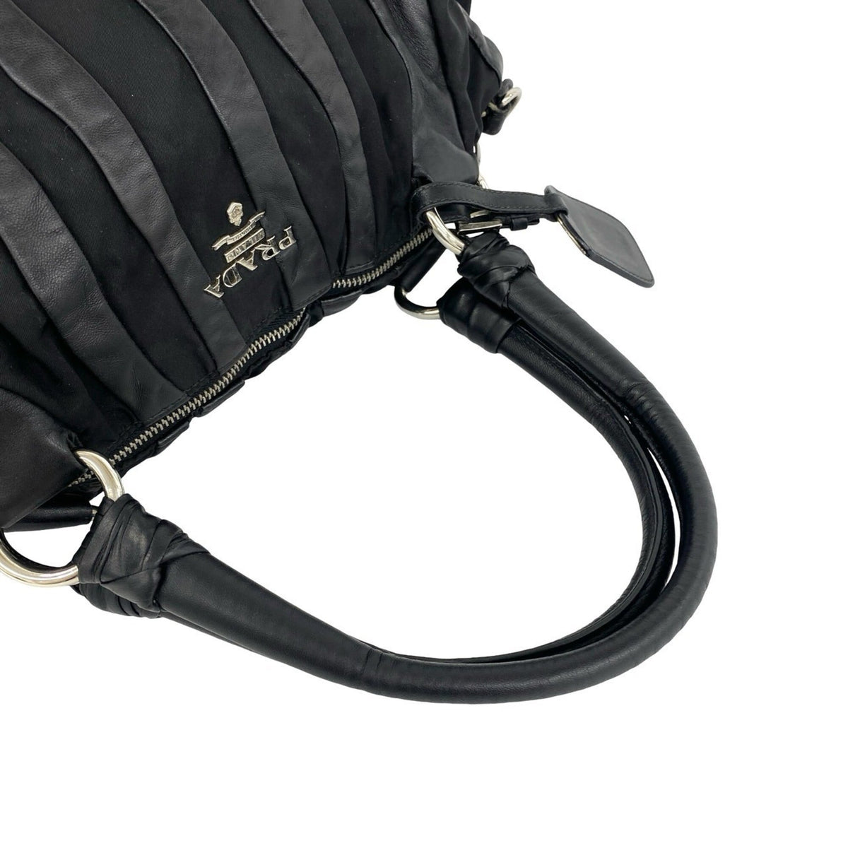Prada Black Leather Nylon Handbag Shoulder Bag Tote Bag (Pre-Owned)