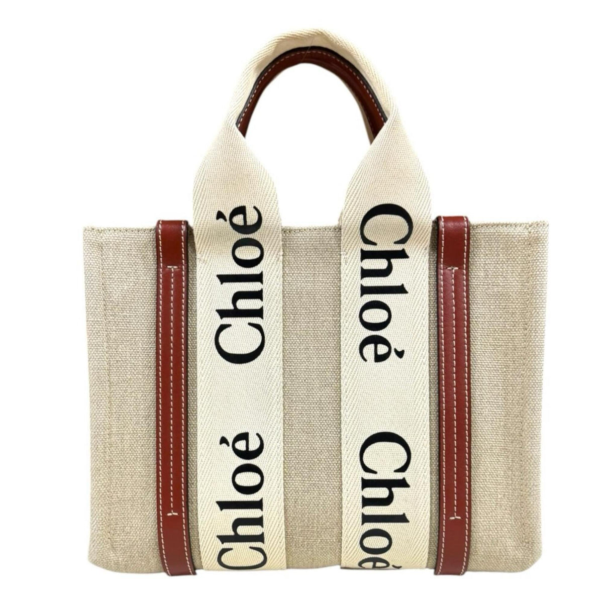 Chloé Beige Brown Linen Leather Shoulder Bag Tote Bag (Pre-Owned)
