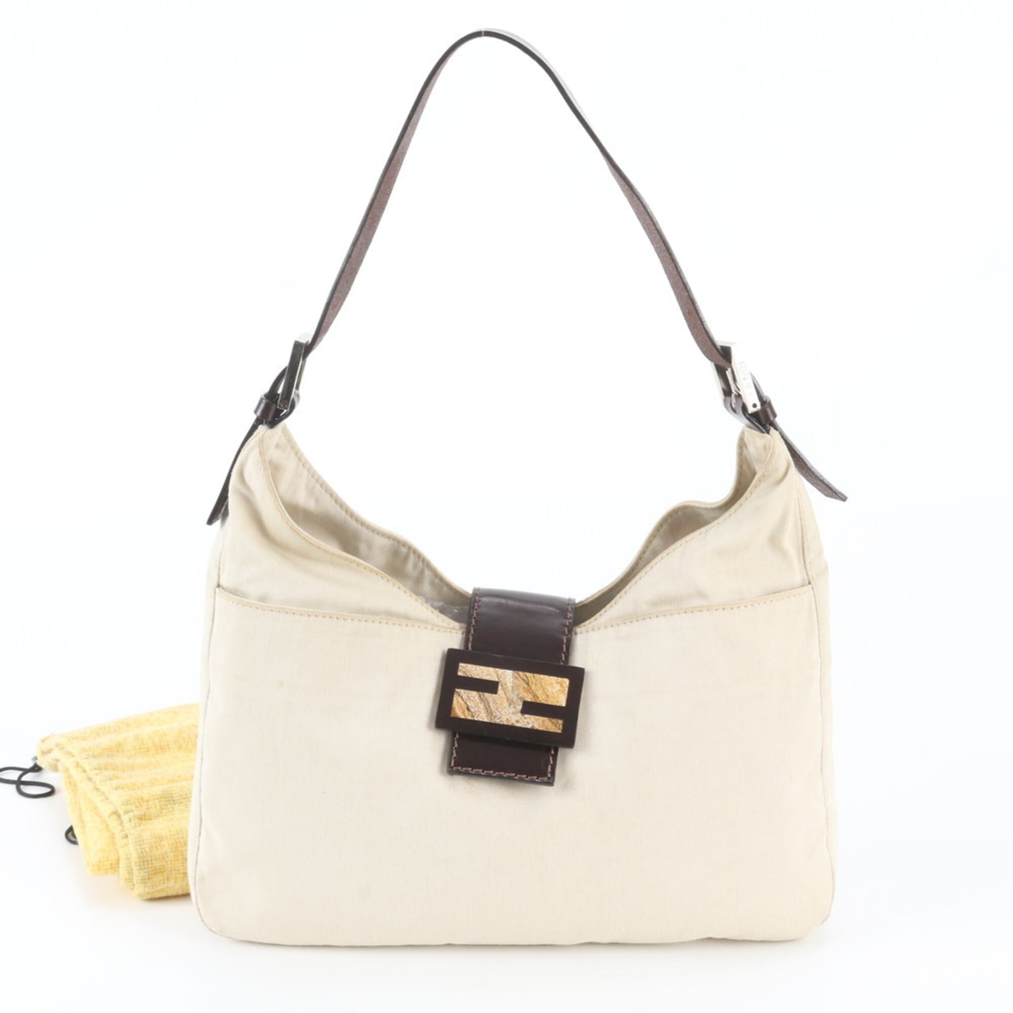 Fendi Beige Brown Leather Canvas Shoulder Bag (Pre-Owned)