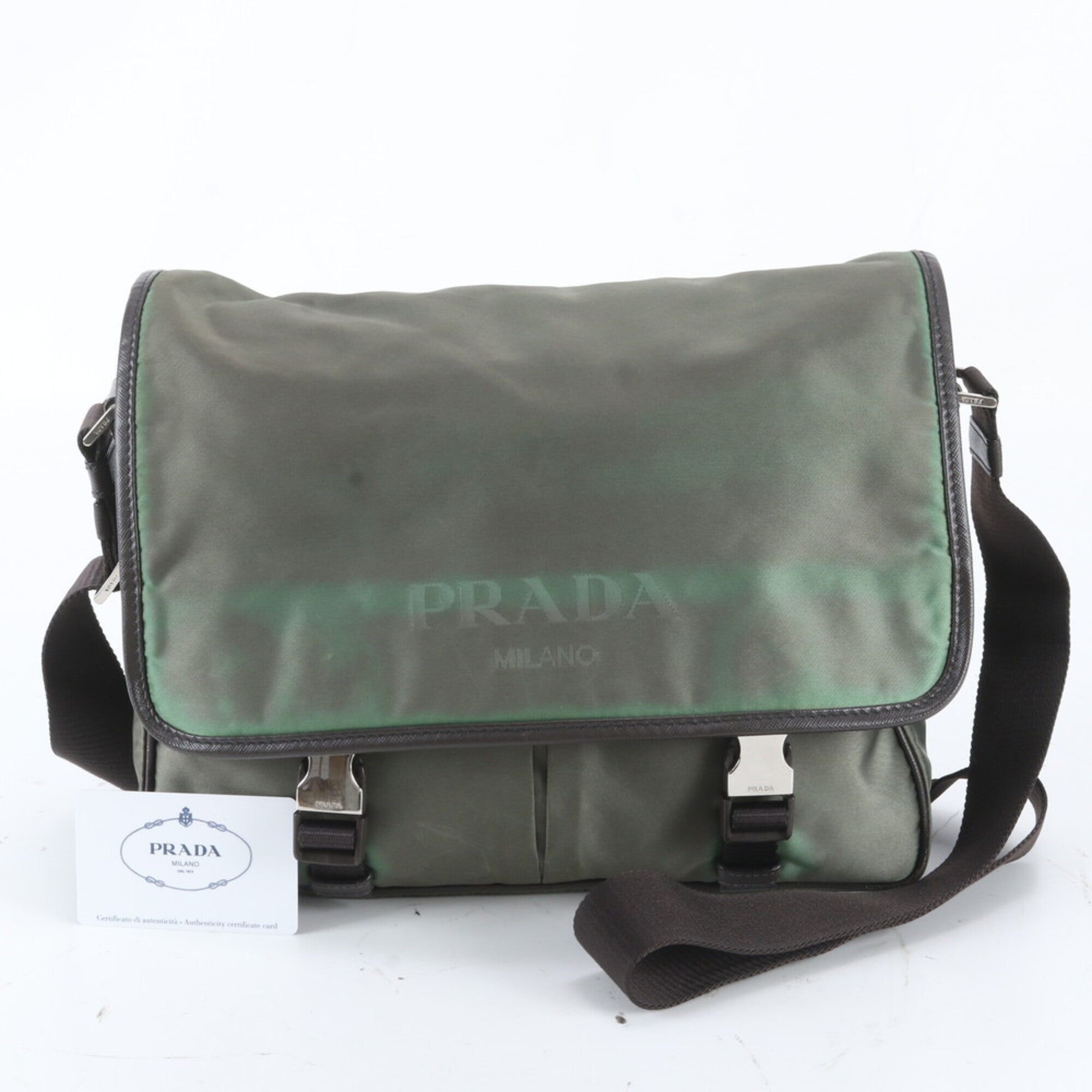 Prada Green Leather Nylon Messenger Bag Shoulder Bag (Pre-Owned)