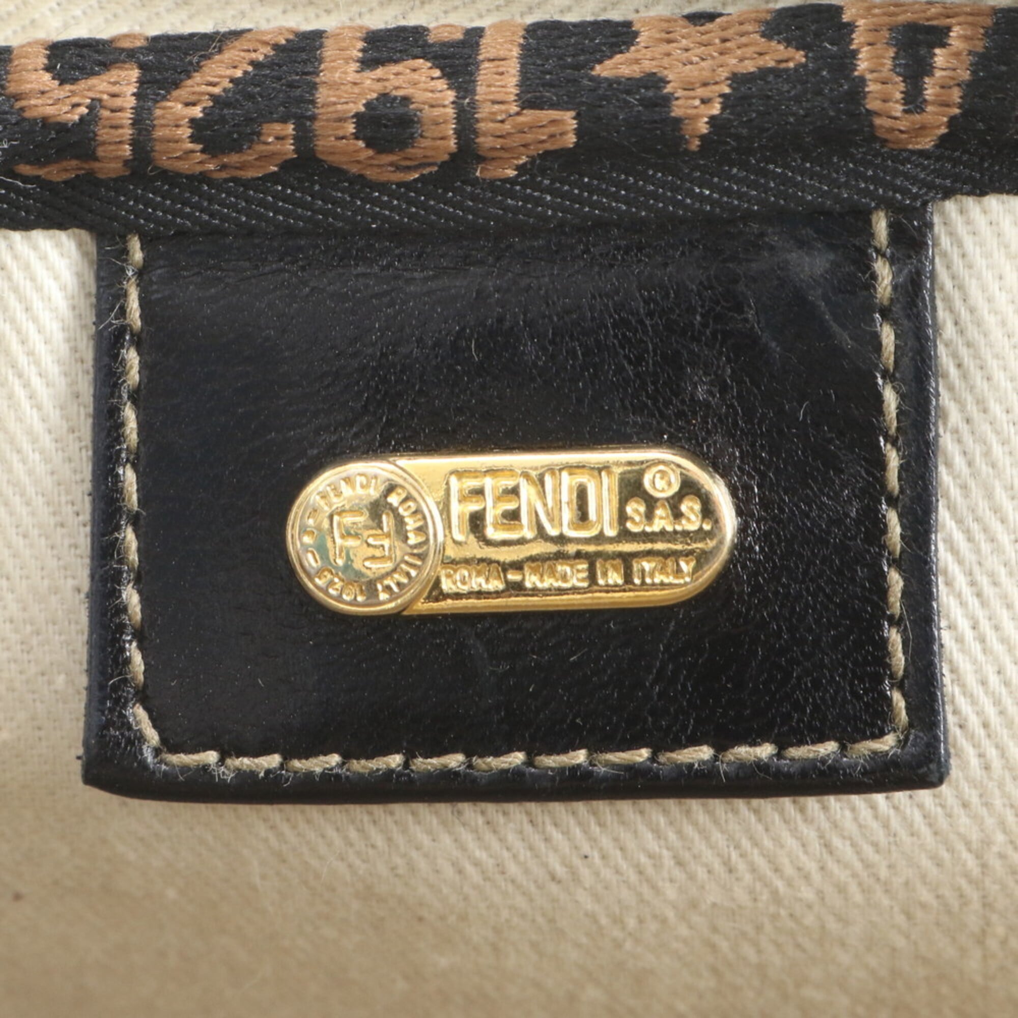 Fendi Brown Leather Canvas Handbag Shoulder Bag Tote Bag (Pre-Owned)