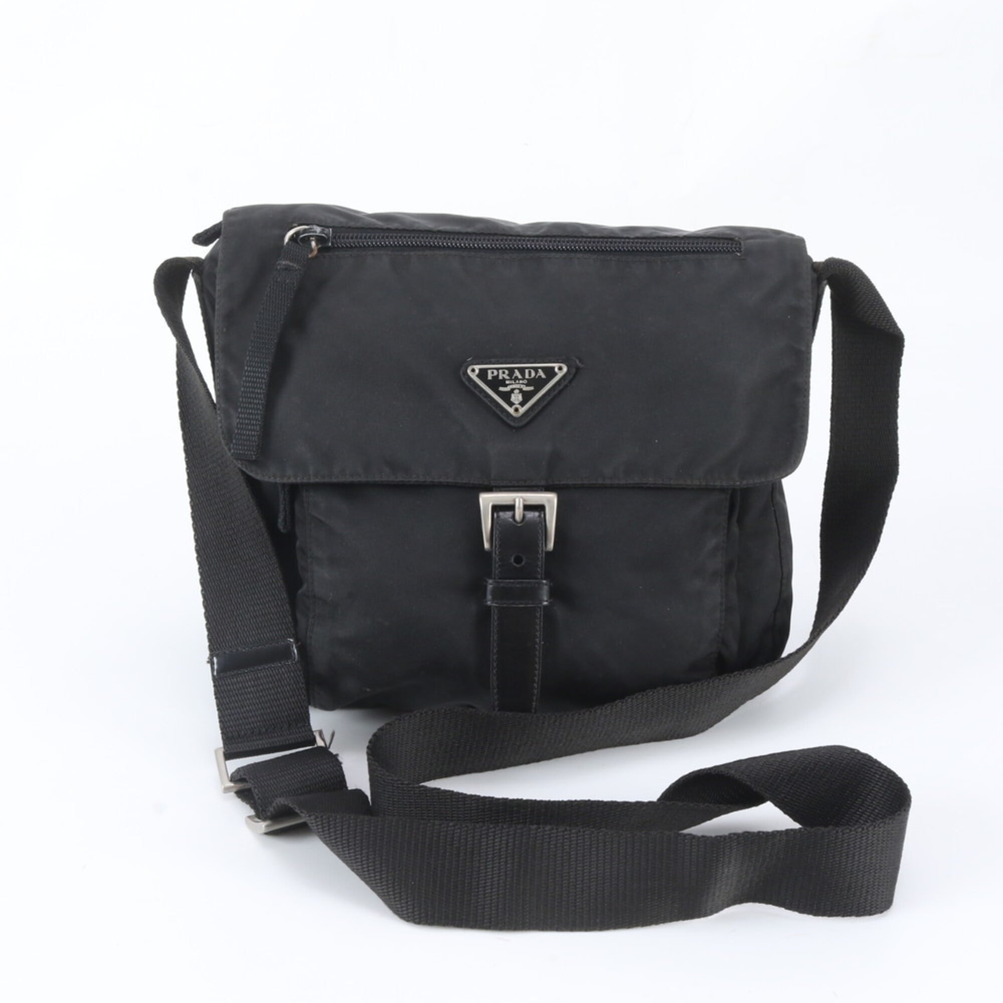 Prada Black Nylon Leather Messenger Bag Shoulder Bag (Pre-Owned)