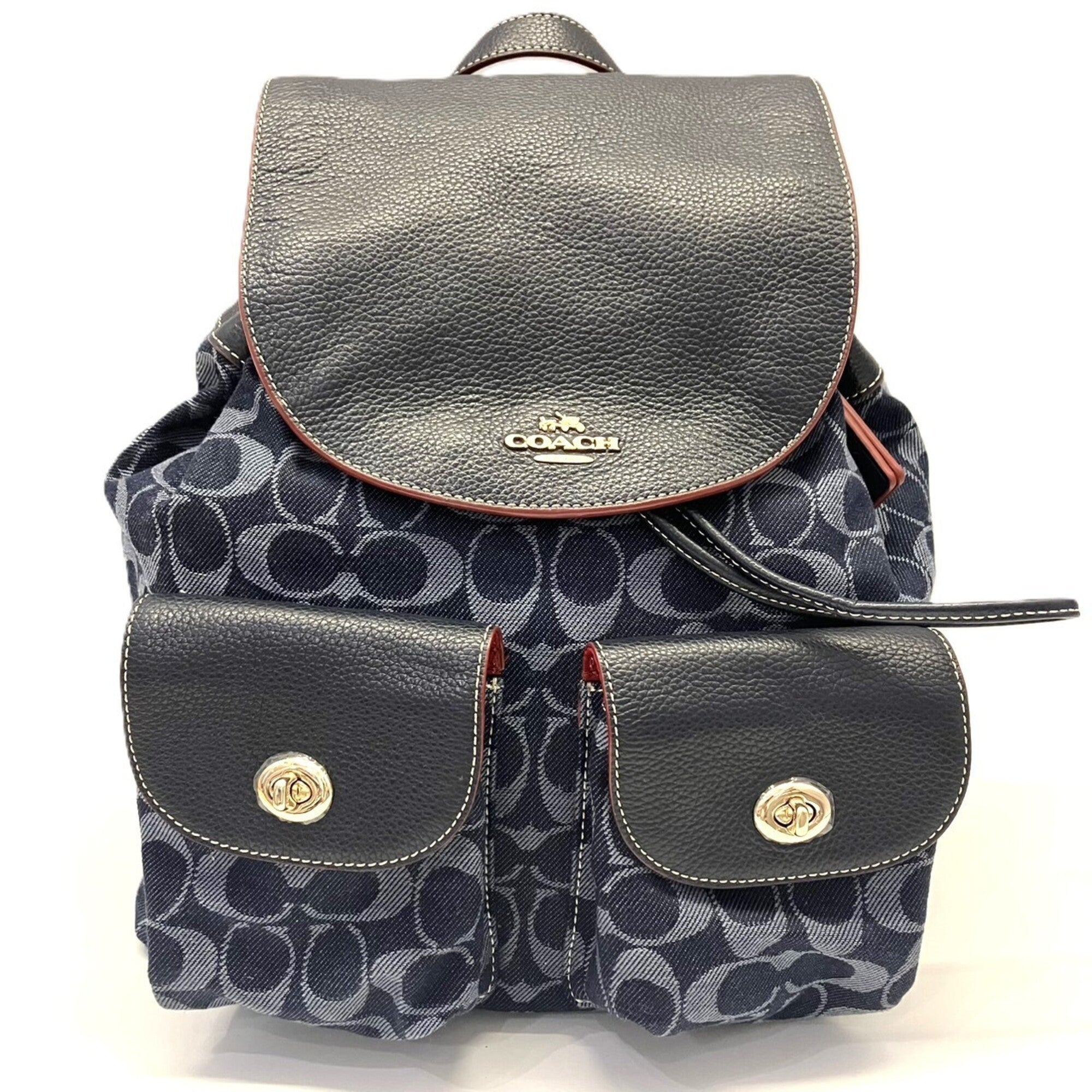 Coach Signature Navy Jacquard Leather Backpack (Pre-Owned)
