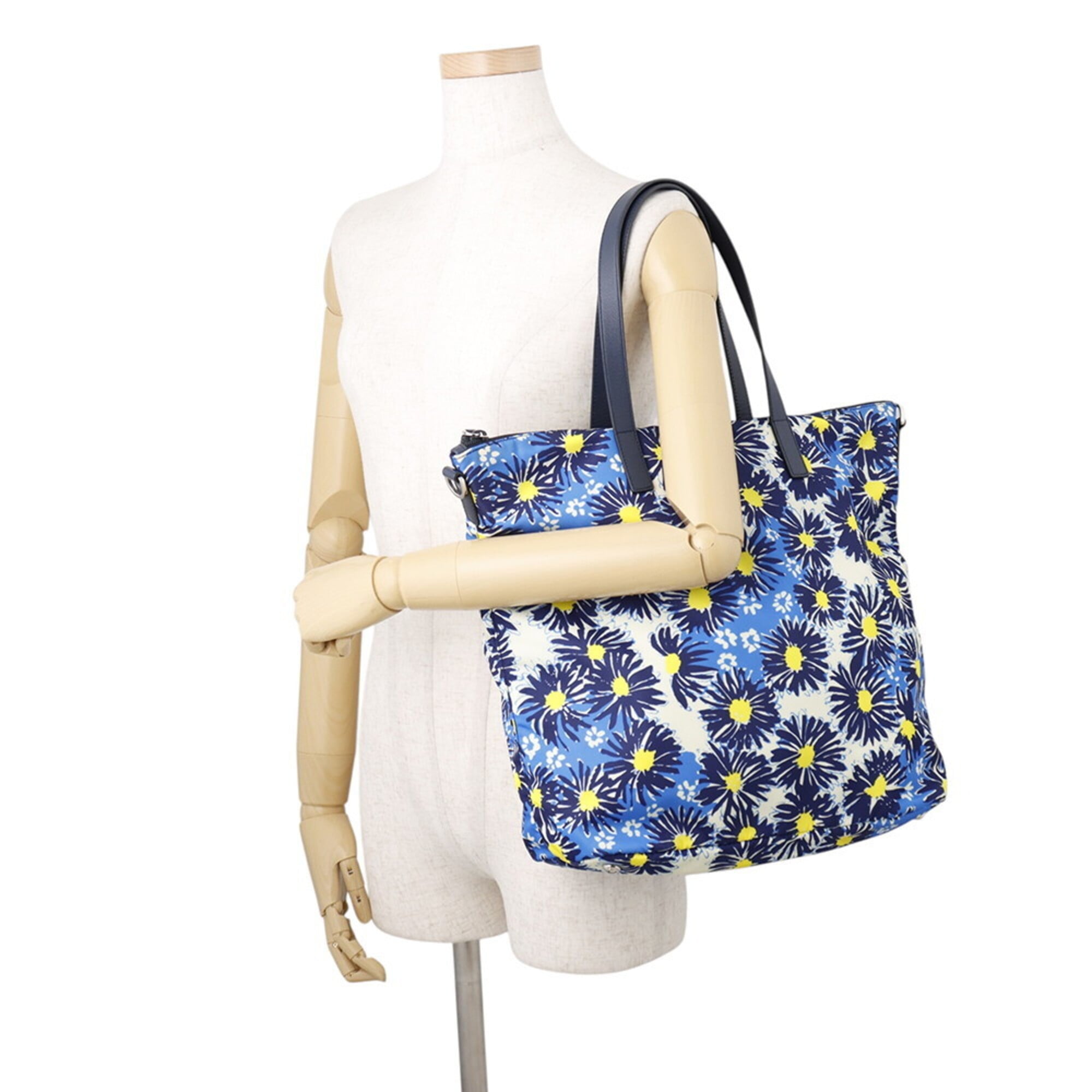 Prada Blue Yellow Nylon Leather Handbag Shoulder Bag Tote Bag (Pre-Owned)