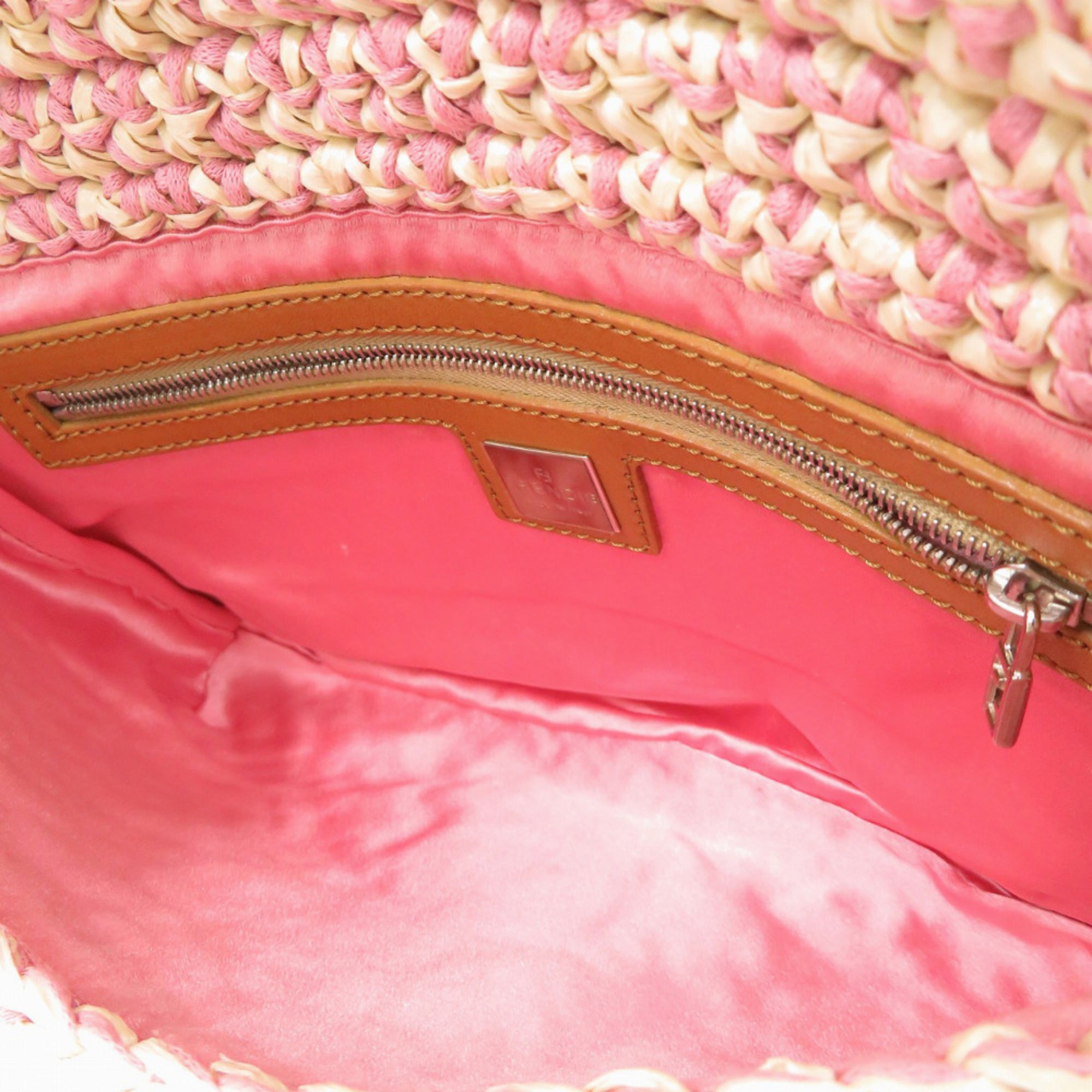 Fendi Brown Ivory Pink Straw Cotton Leather Handbag Shoulder Bag (Pre-Owned)