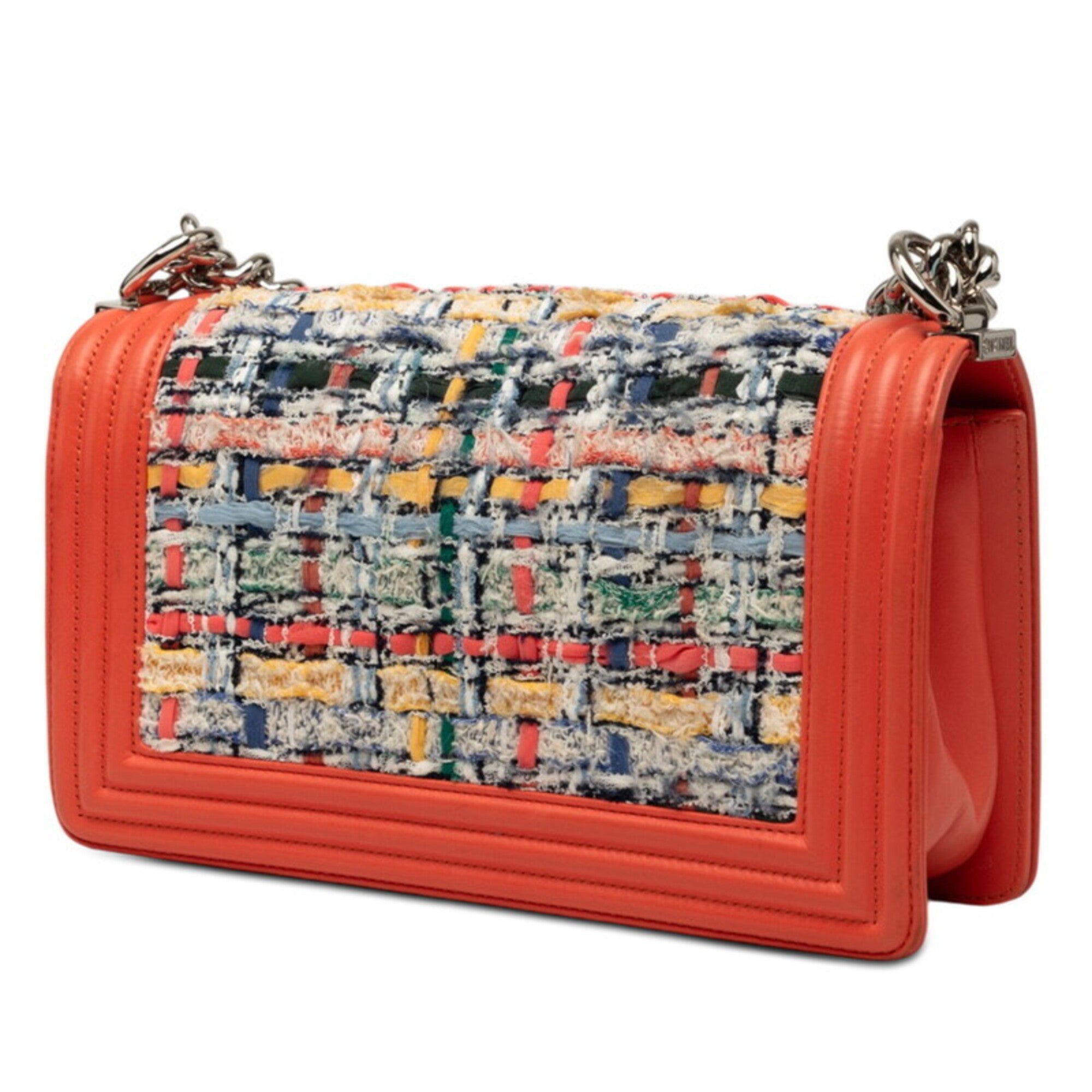 Chanel Boy Chanel Multi-Color Orange Tweed Leather Shoulder Bag (Pre-Owned)