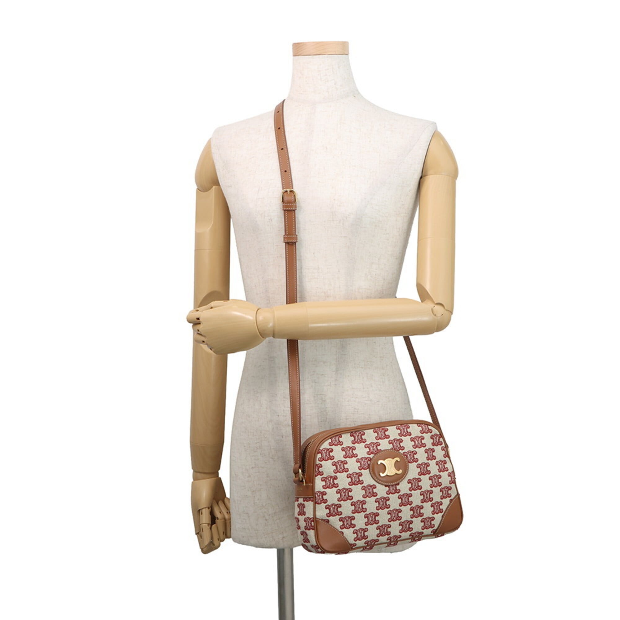 Celine Brown Red Color White Canvas Leather Handbag Shoulder Bag (Pre-Owned)