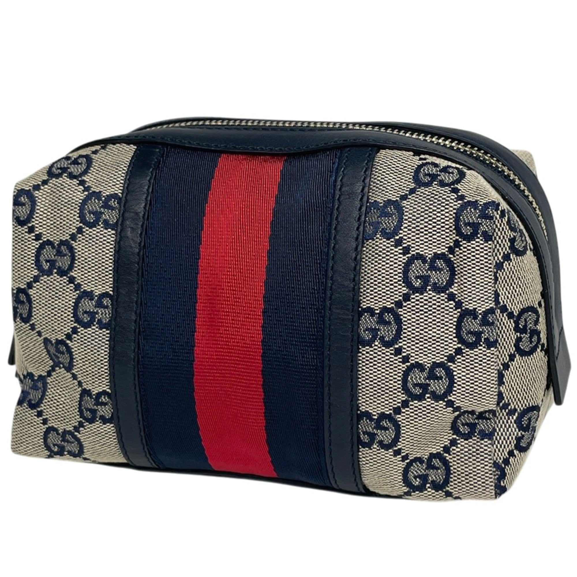 Gucci Beige Navy Gg Canvas Leather Pouch (Pre-Owned)