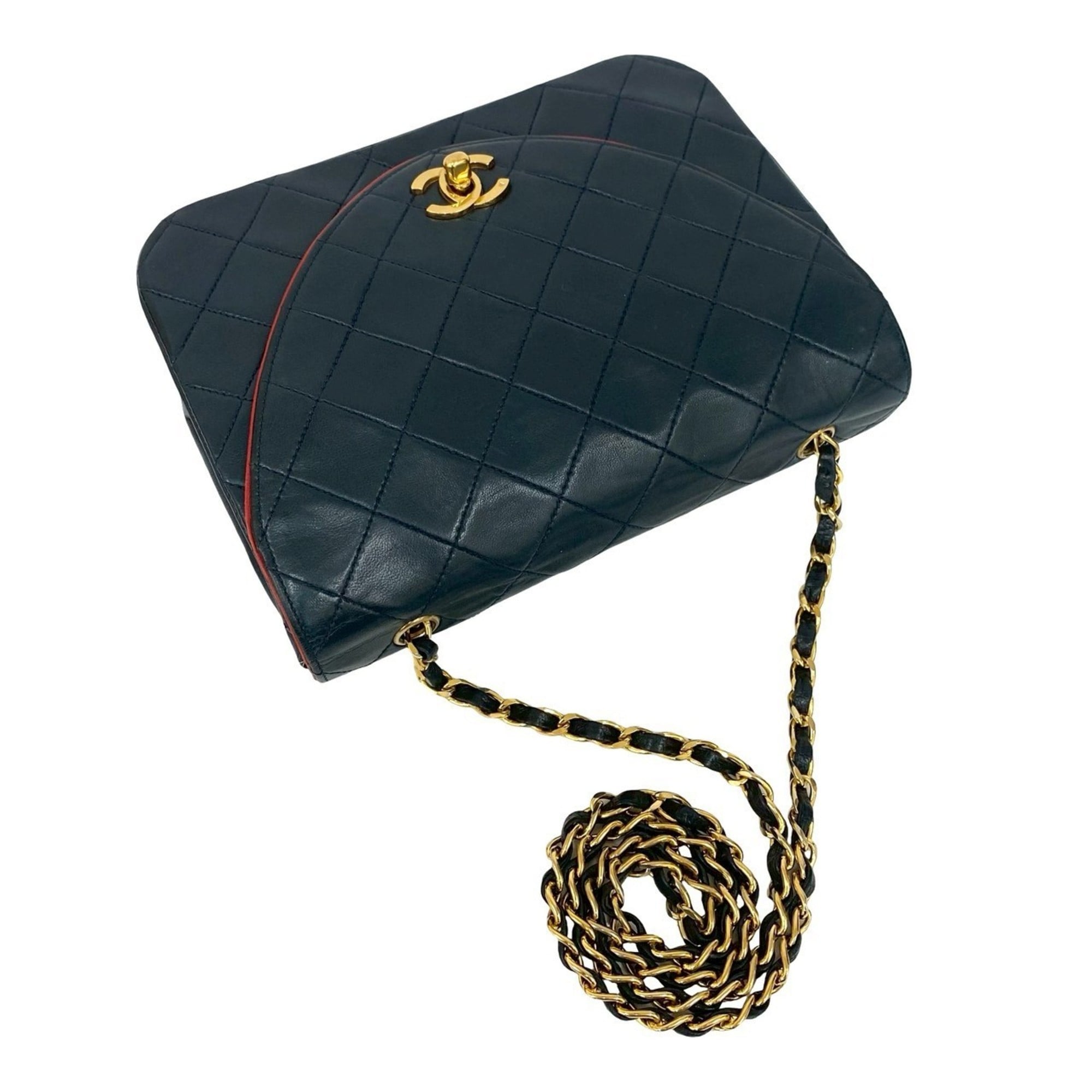 Chanel Navy Red Color Leather Shoulder Bag (Pre-Owned)