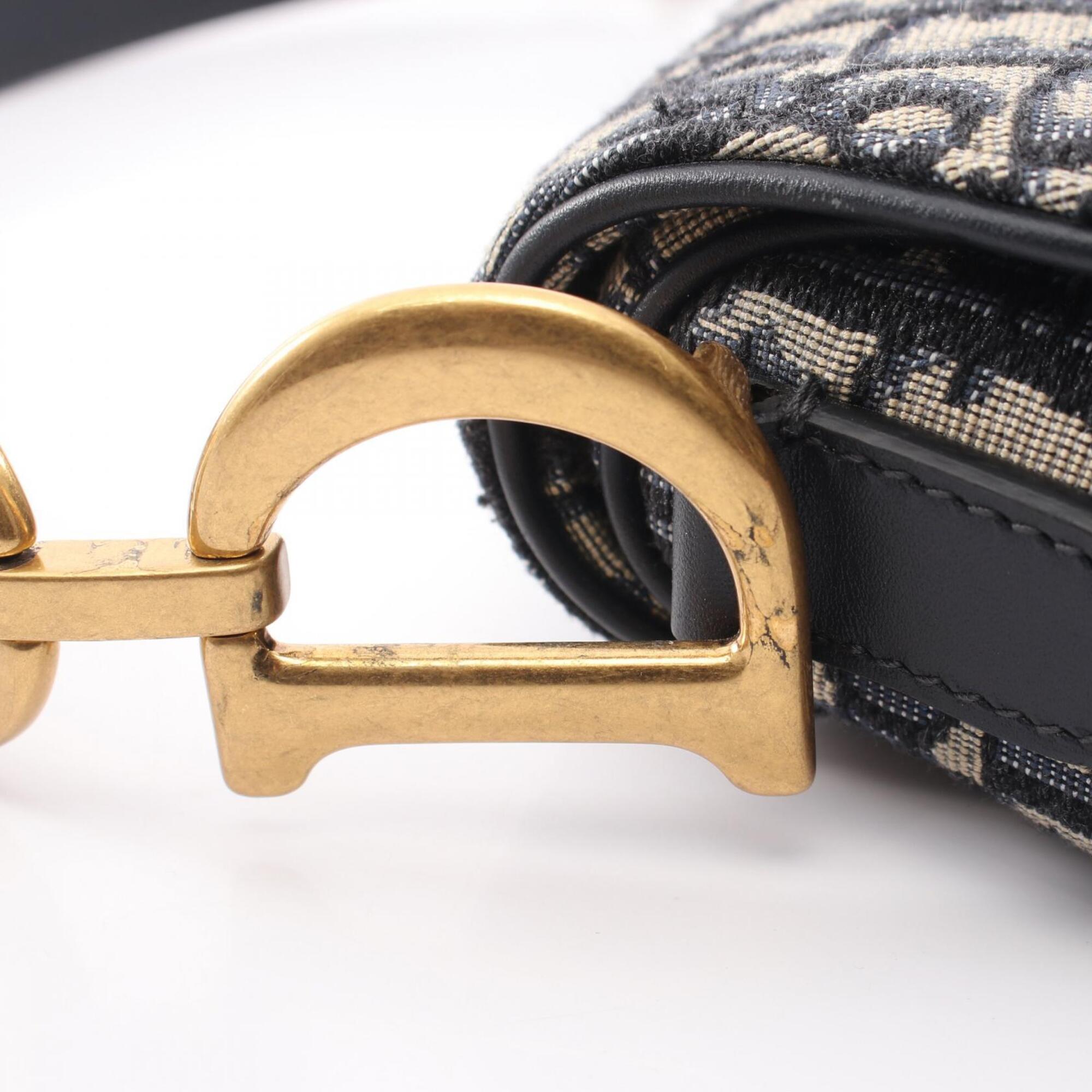 Christian Dior Beige Navy Canvas Leather Handbag Saddle Bag (Pre-Owned)