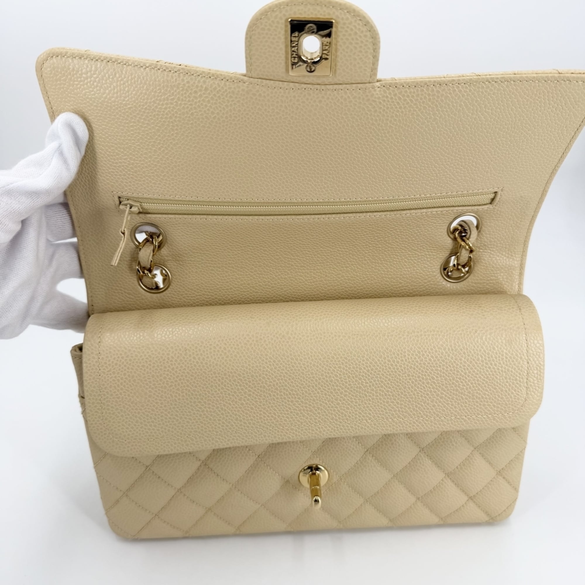 Chanel Beige Beige Gold Grained Calfskin Shoulder Bag (Pre-Owned)
