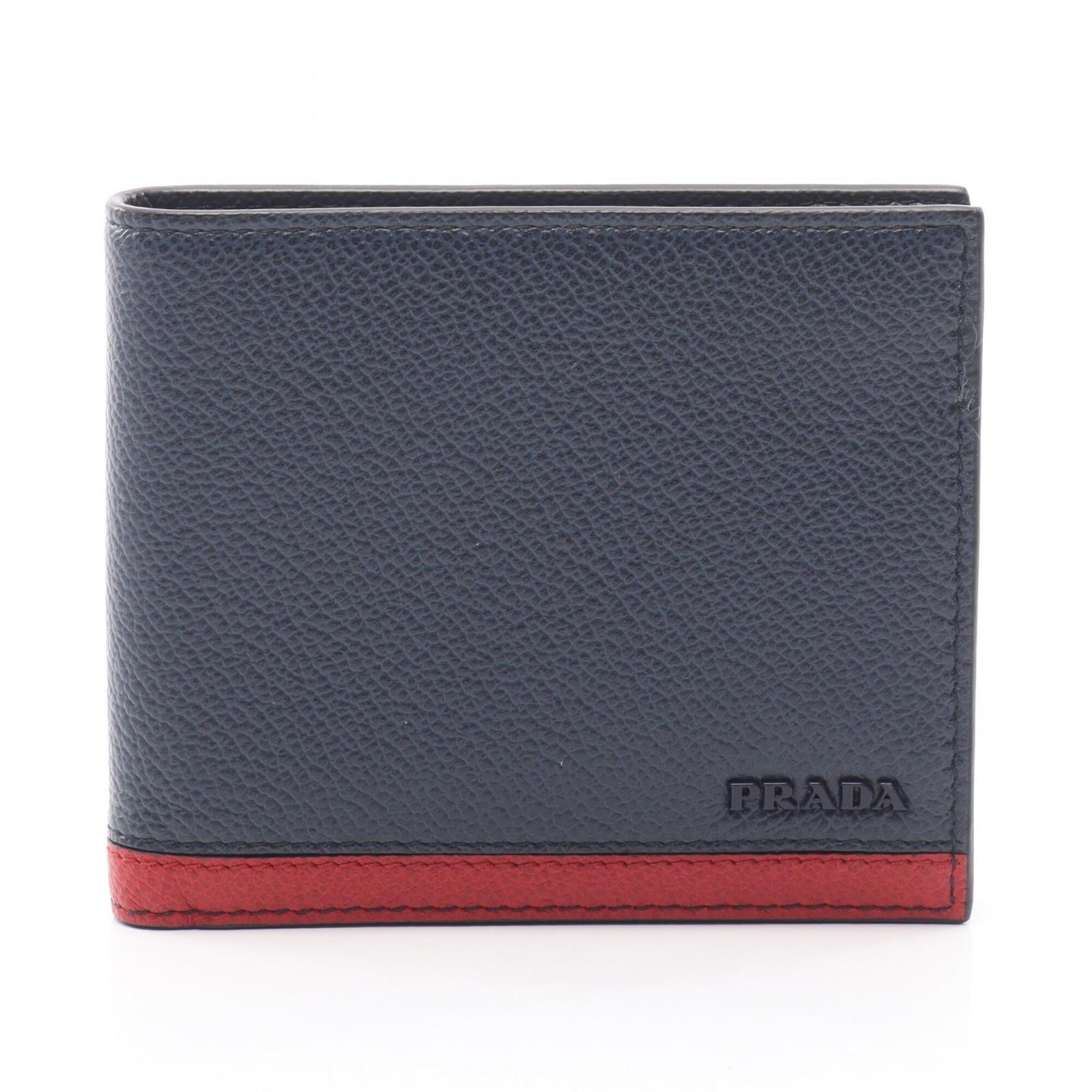 Prada Navy Red Color Leather Wallet (Bi-Fold) (Pre-Owned)