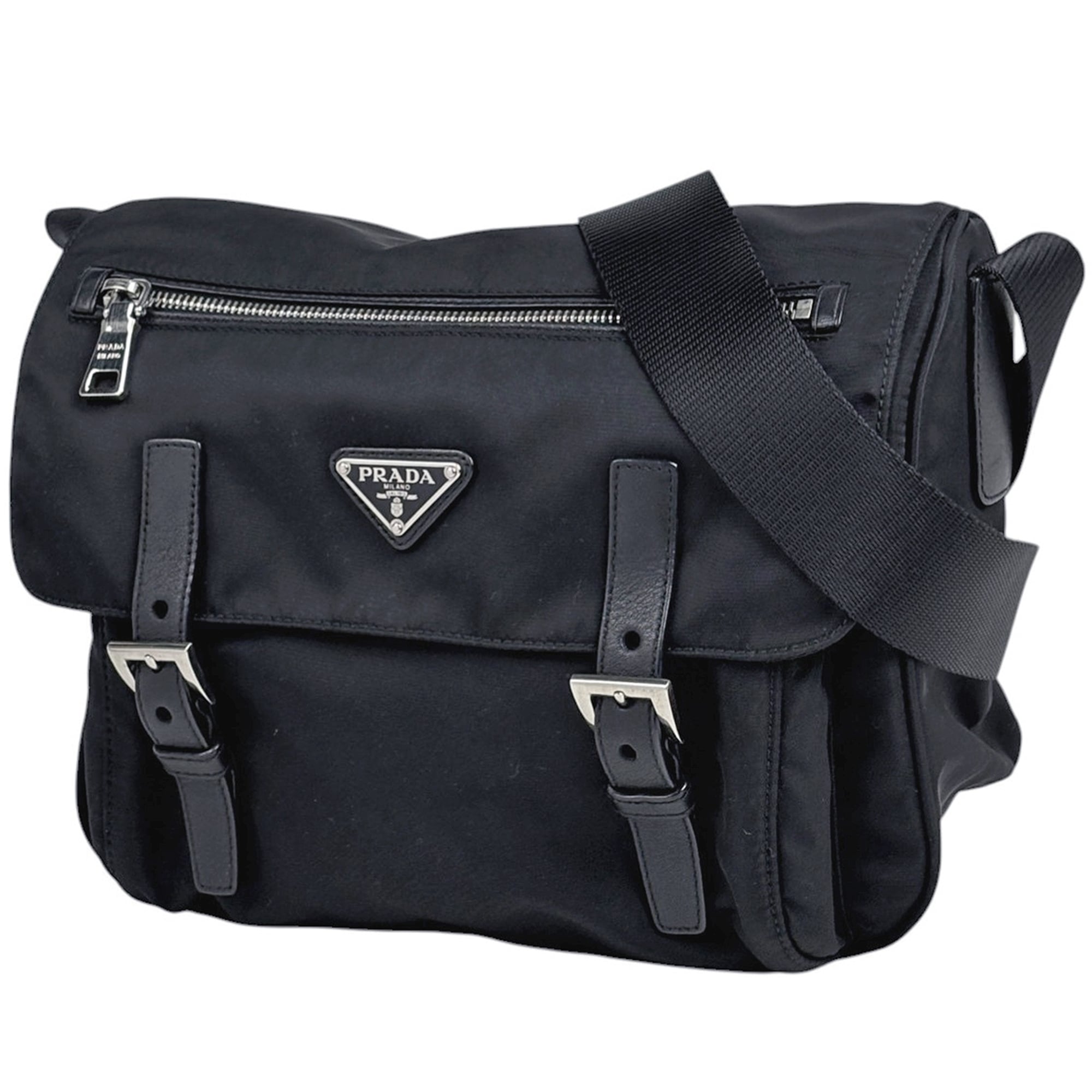 Prada Black Leather Messenger Bag Shoulder Bag (Pre-Owned)