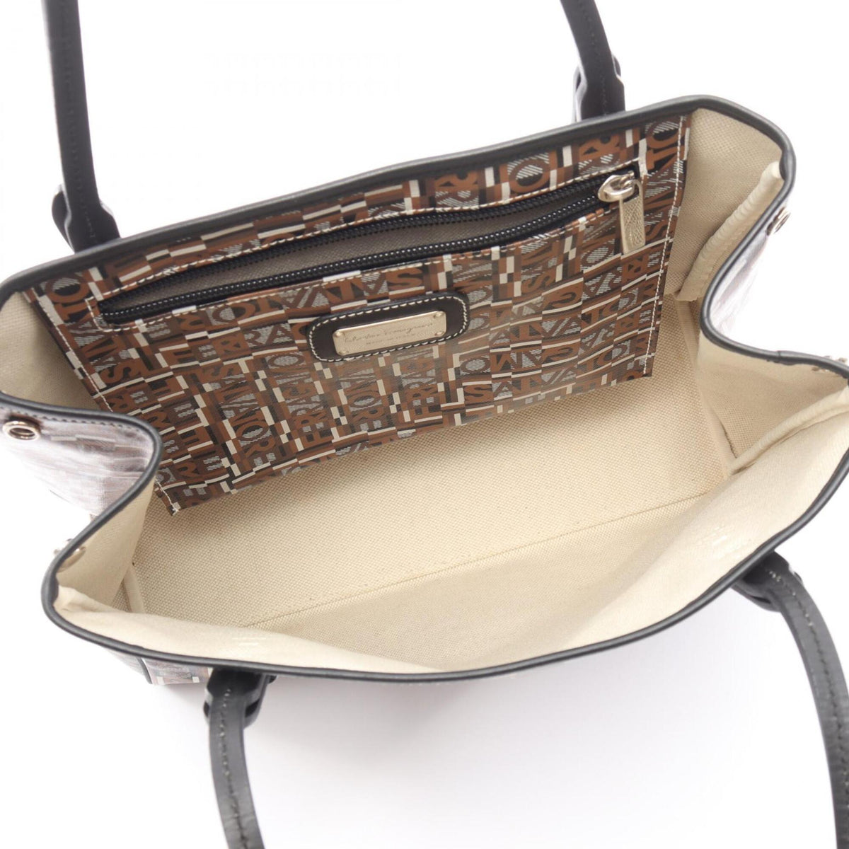 Salvatore Ferragamo Black Brown White Coated Canvas Leather Handbag Tote Bag (Pre-Owned)