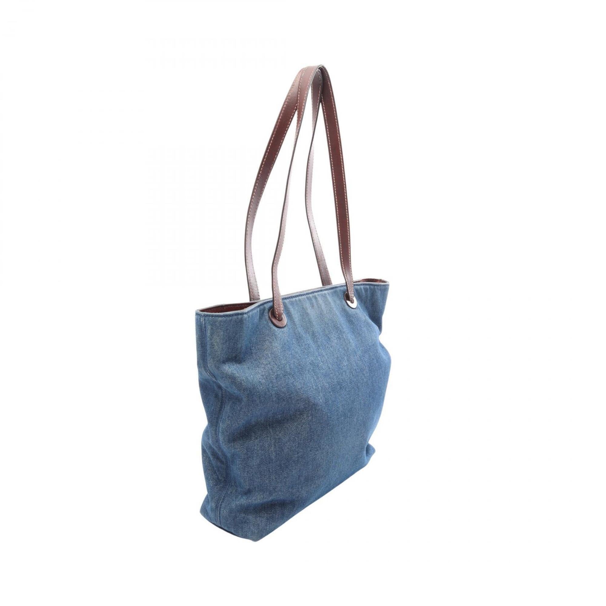 Chanel Brown Navy Denim Leather Handbag Tote Bag (Pre-Owned)
