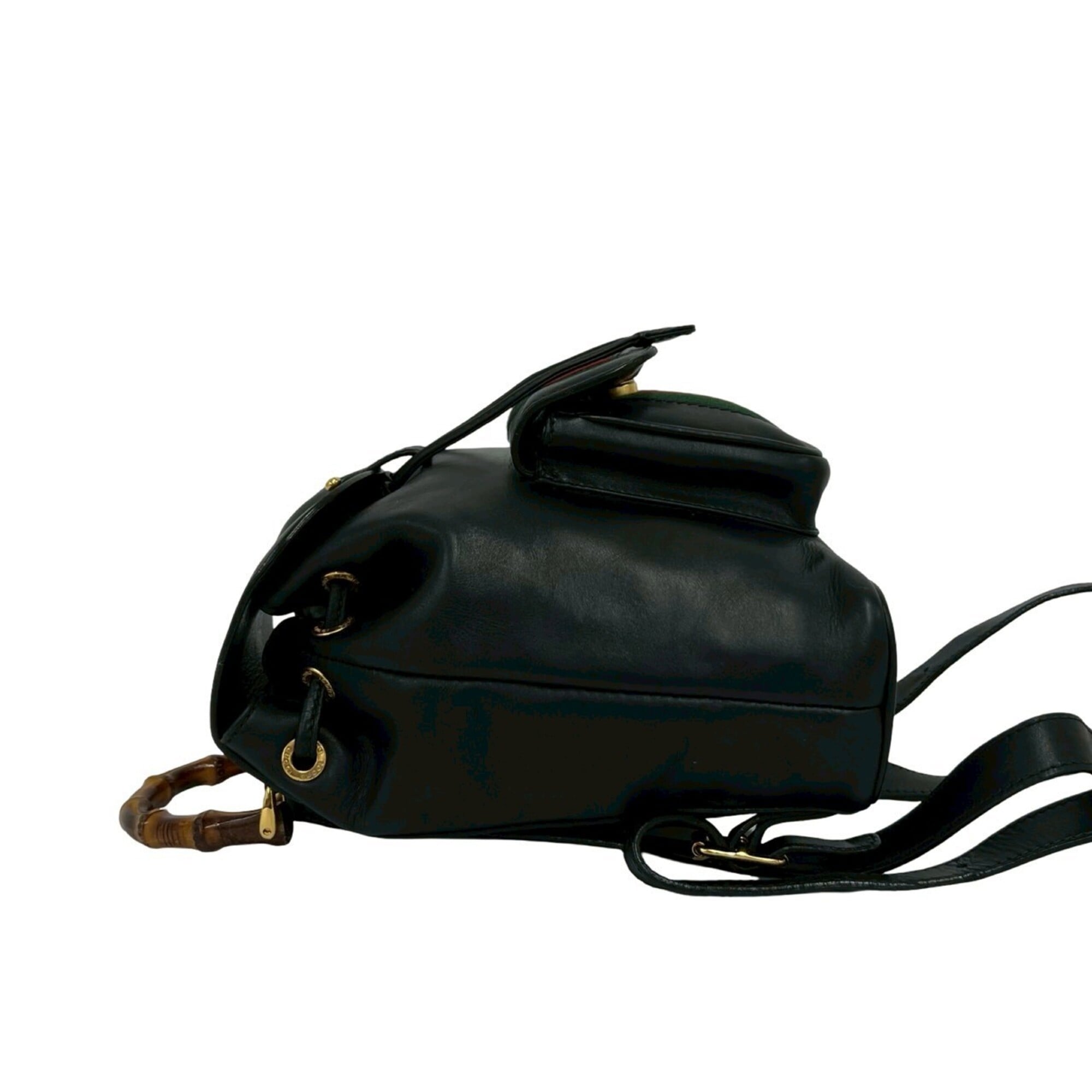 Gucci Black Green Red Color Leather Bamboo Backpack (Pre-Owned)