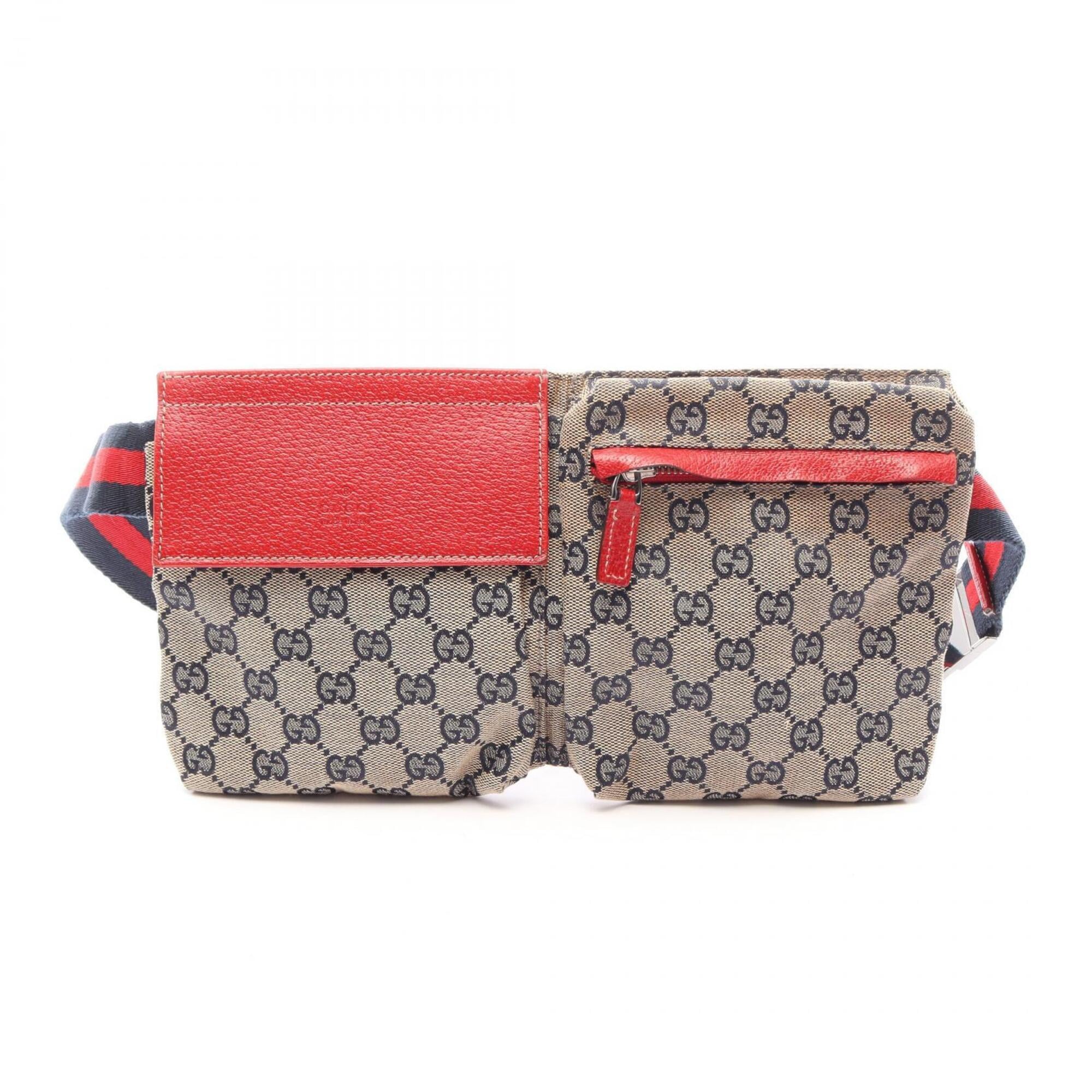 Gucci Beige Navy Red Color Canvas Leather Fanny Pack Handbag (Pre-Owned)