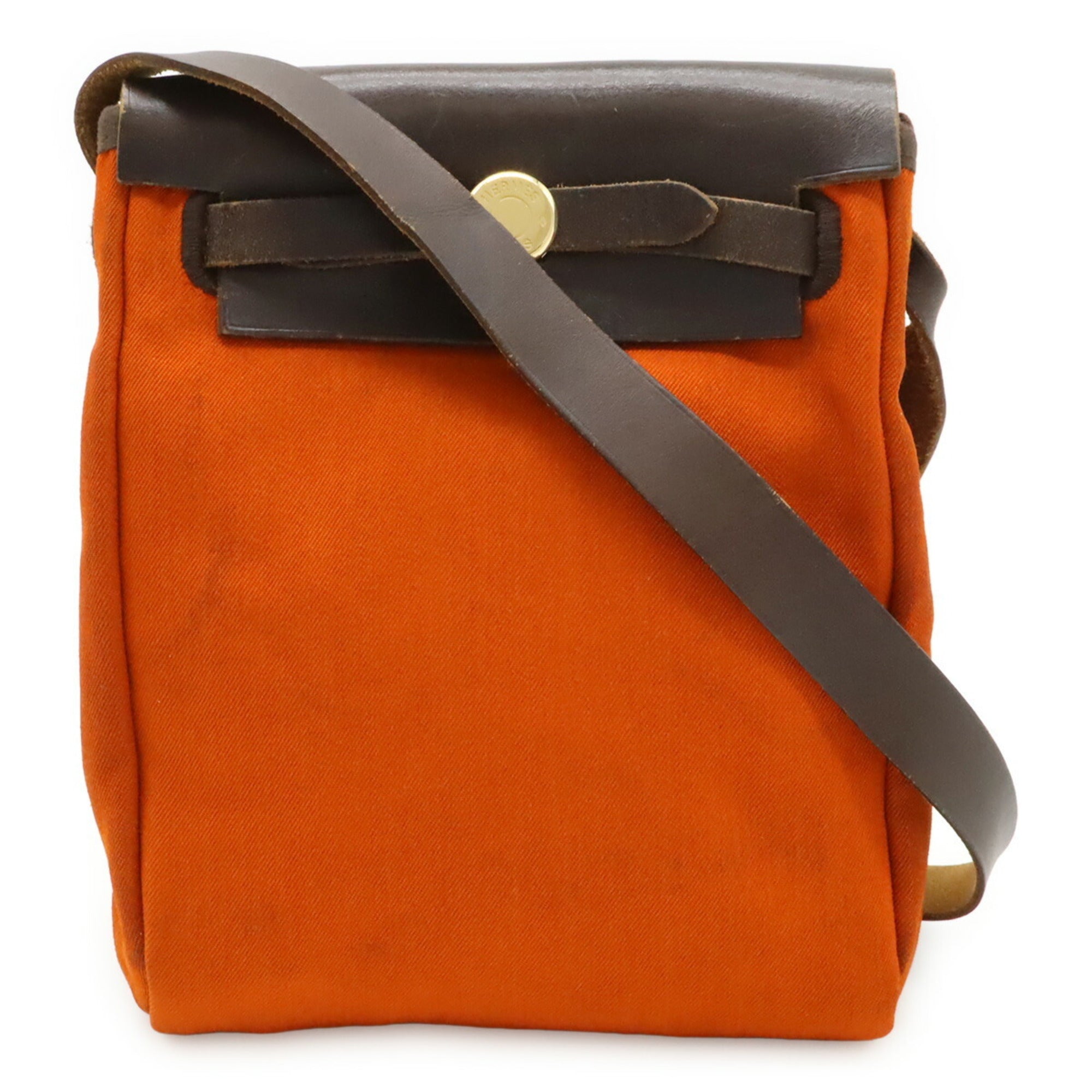 Hermes Her Bag Dark Brown Orange Toile Officier Leather Pochette Shoulder Bag (Pre-Owned)