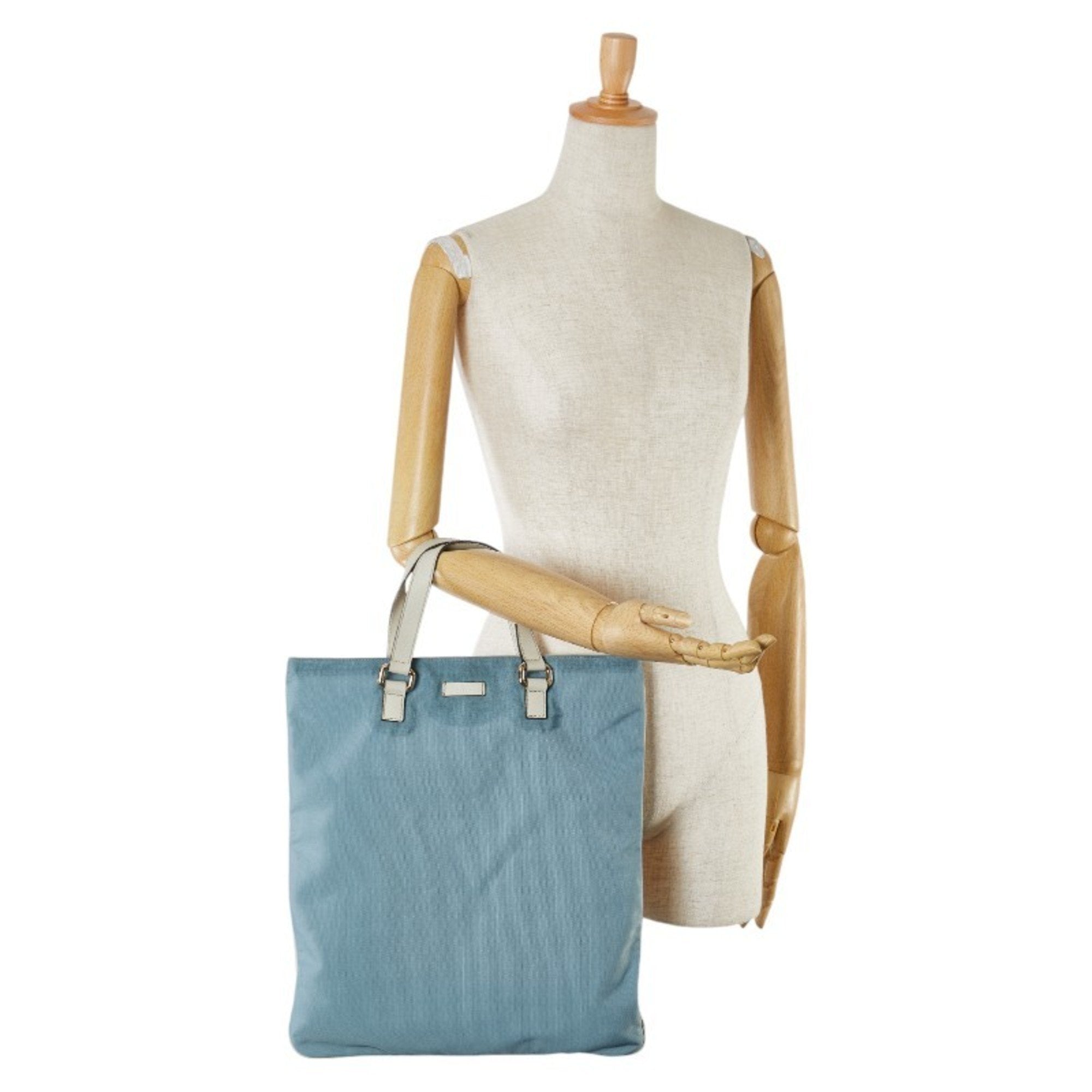 Gucci Blue White Canvas Leather Shoulder Bag Tote Bag (Pre-Owned)