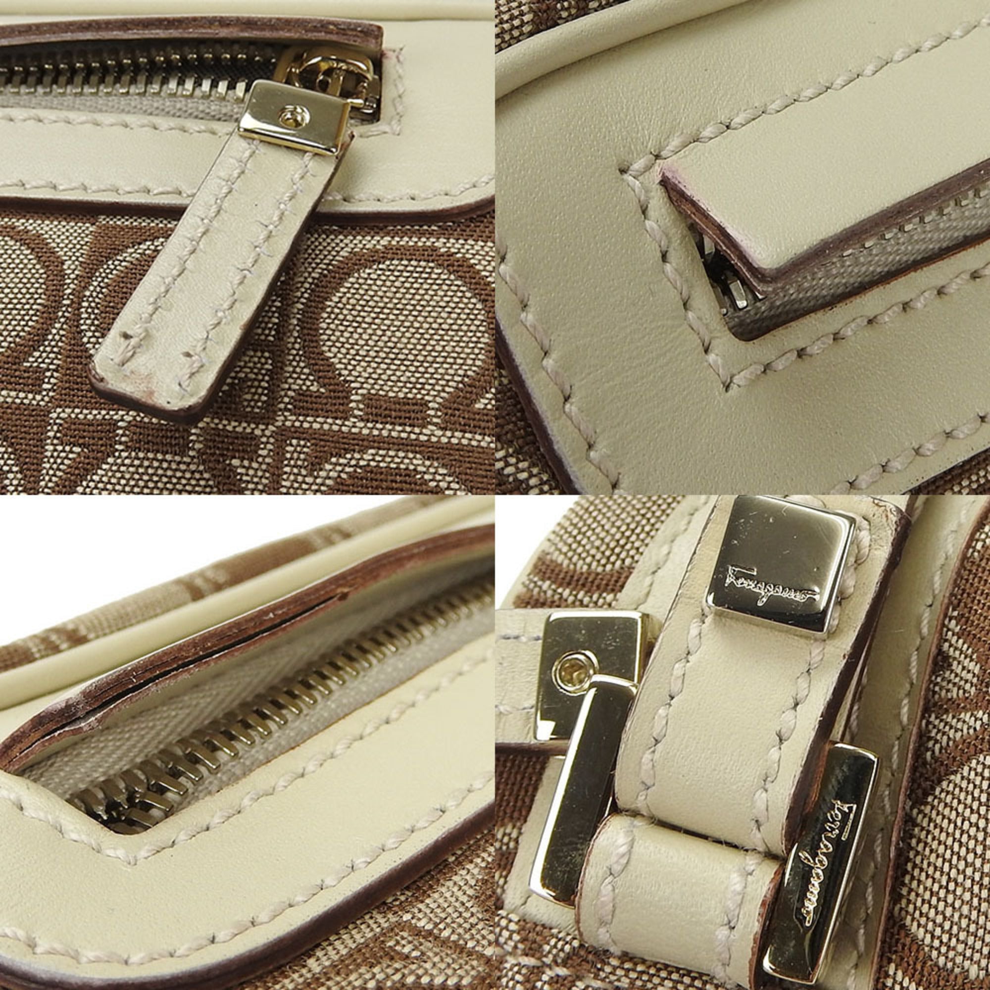 Salvatore Ferragamo Gancini Beige Brown Canvas Leather Shoulder Bag (Pre-Owned)