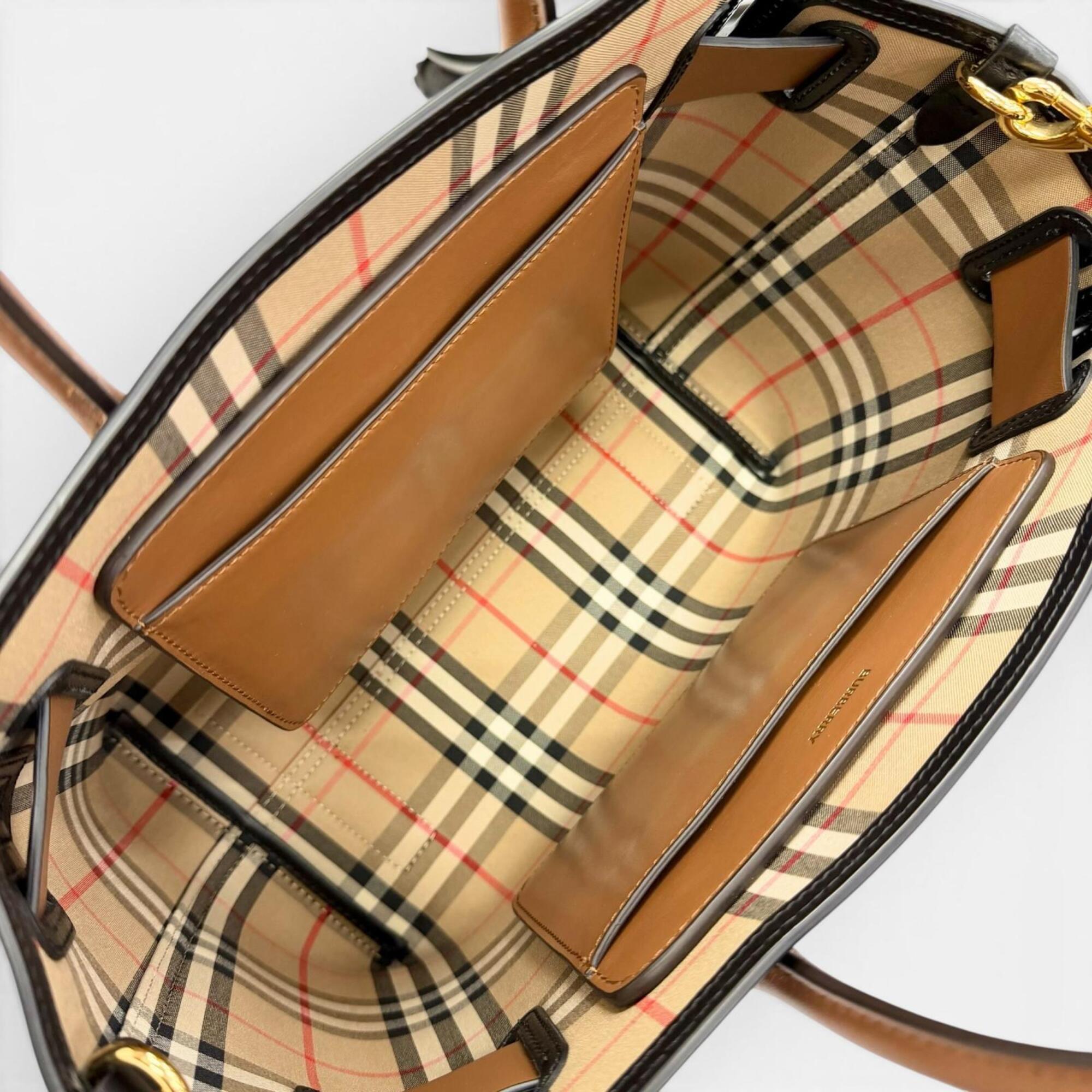 Burberry Black Brown Leather Cotton Polyester Shoulder Bag Tote Bag (Pre-Owned)