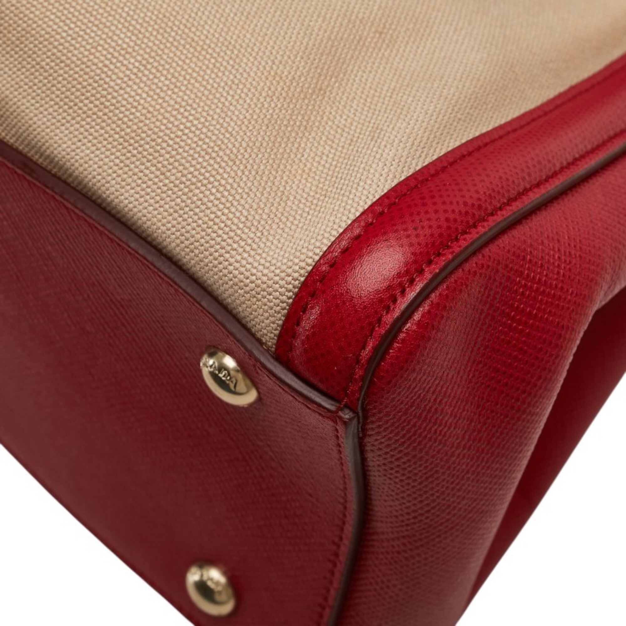 Prada Beige Red Color Canvas Leather Handbag Shoulder Bag (Pre-Owned)