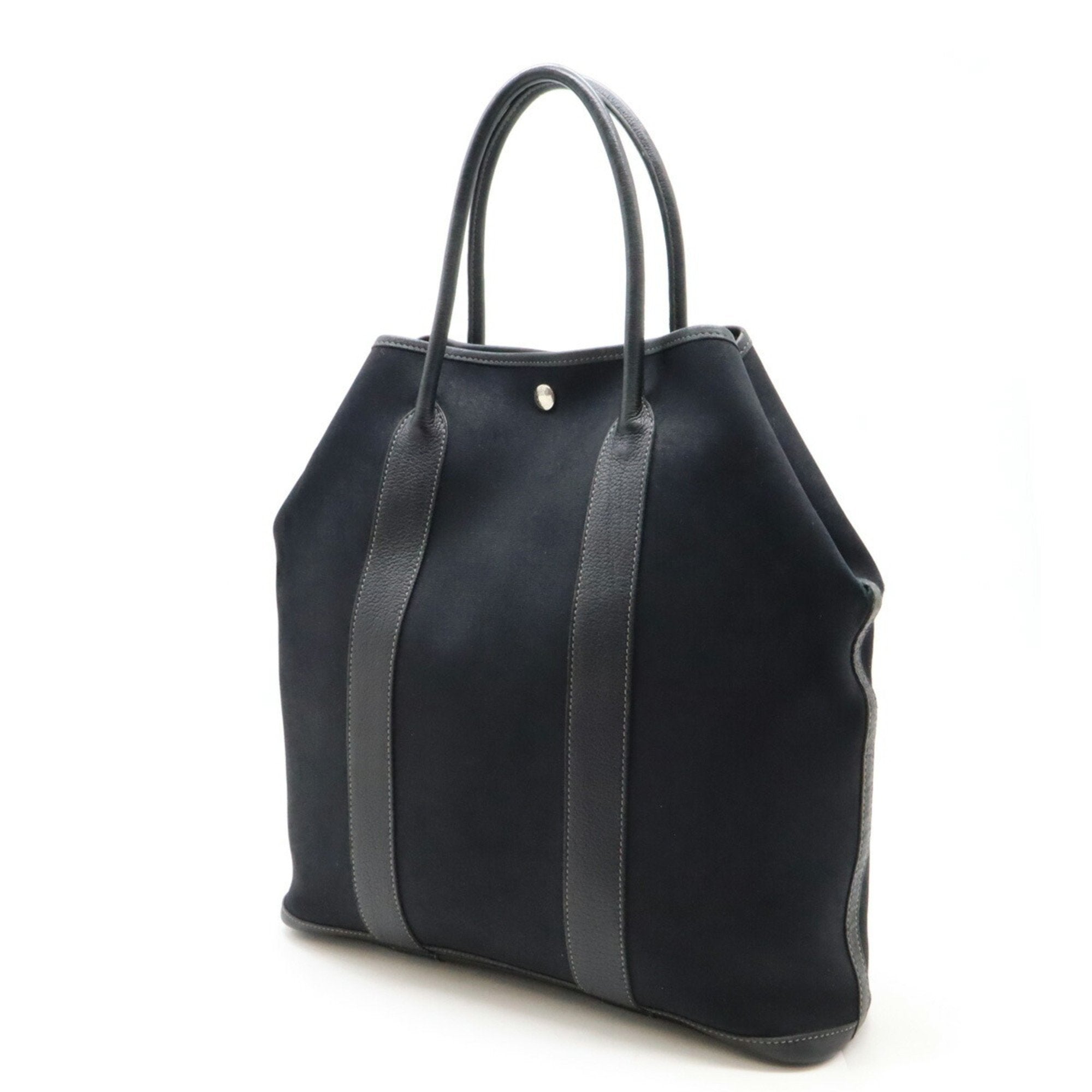 Hermes Garden Black Toile Officier Leather Handbag Tote Bag (Pre-Owned)