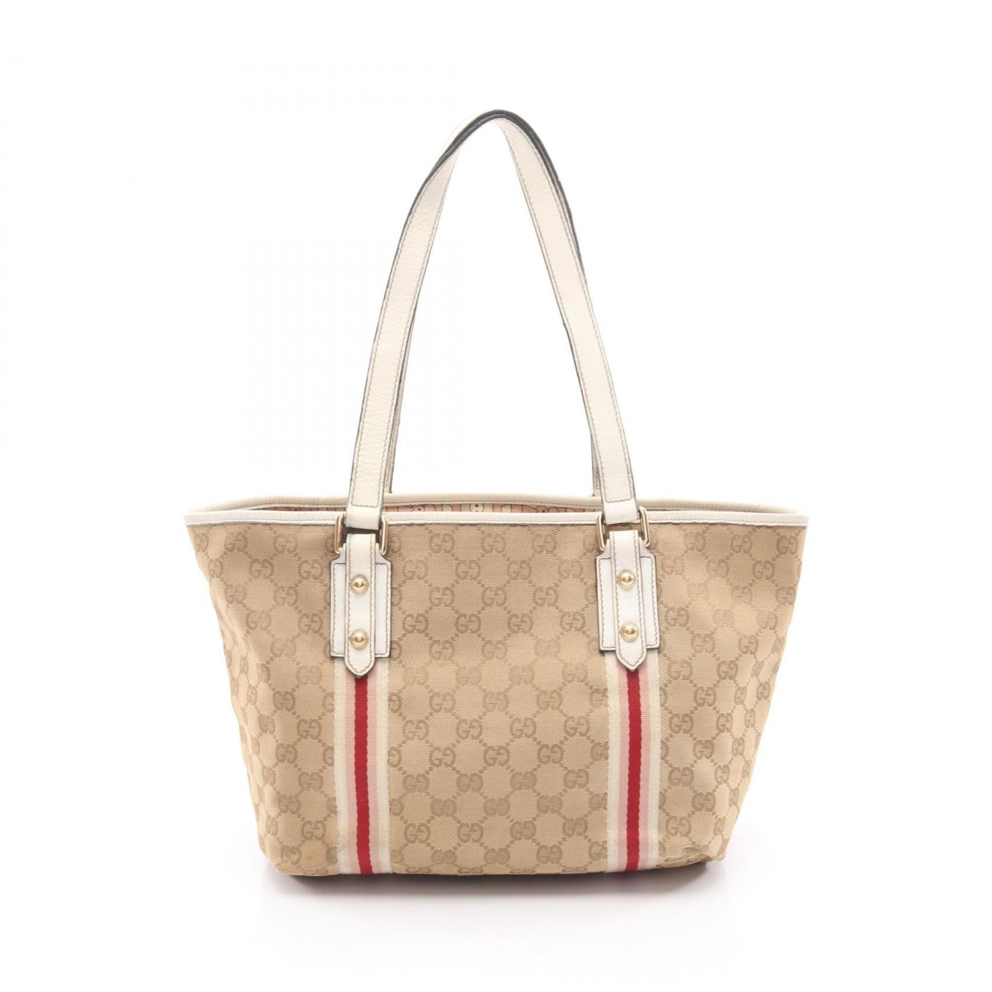 Gucci Beige Pink White Canvas Leather Handbag Tote Bag (Pre-Owned)