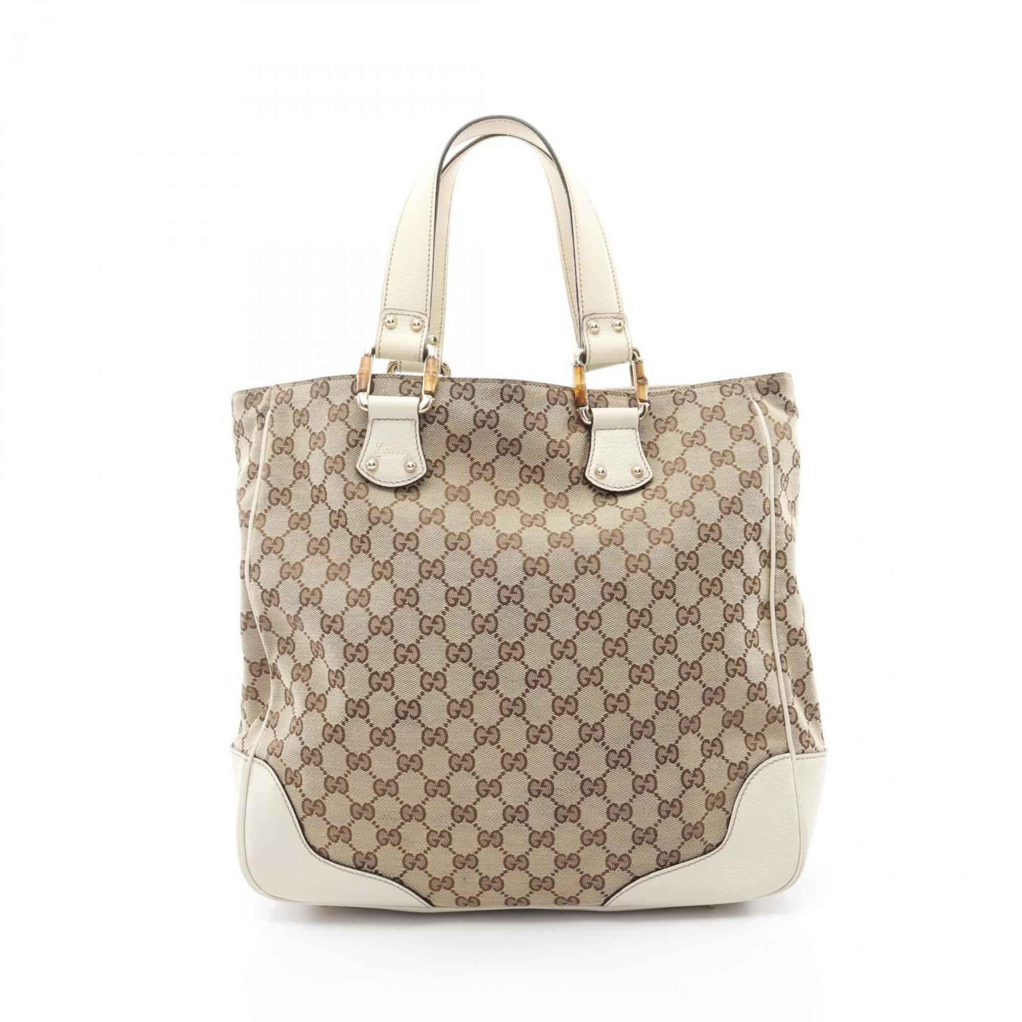 Gucci Beige White Canvas Leather Tote Bag (Pre-Owned)