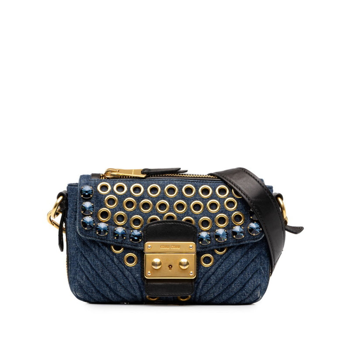 Miu Miu Black Blue Gold Denim Leather Shoulder Bag (Pre-Owned)