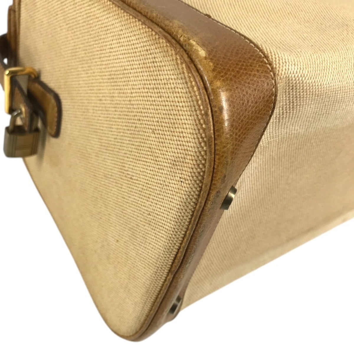 Hermes Beige Brown Leather Canvas Boston Bag Shoulder Bag Vanity Bag (Pre-Owned)