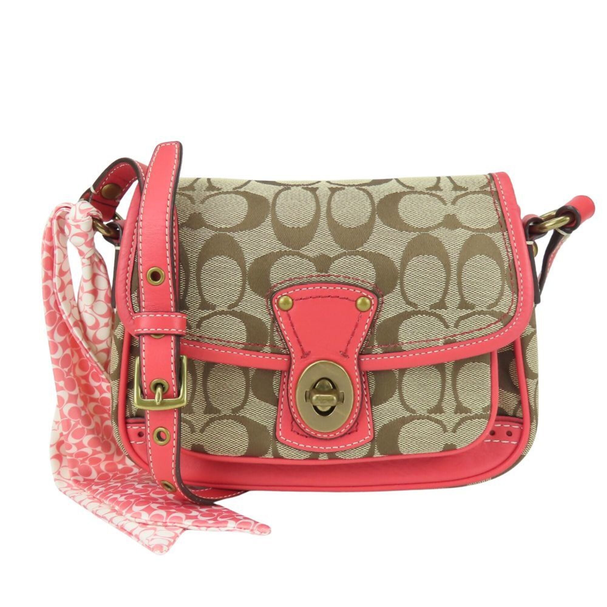 Coach Signature Beige Pink Canvas Leather Pochette Shoulder Bag (Pre-Owned)