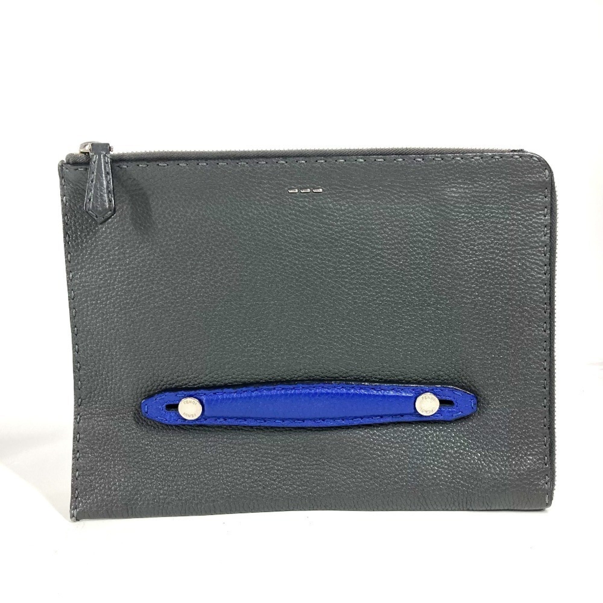 Fendi Selleria Black Blue Dark Gray Leather Clutch Bag Pouch (Pre-Owned)