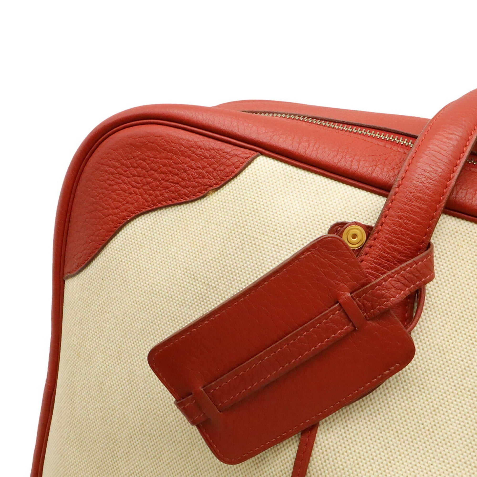 Hermes Natural Red Color Toile H Taurillon Clemence Leather Boston Bag (Pre-Owned)