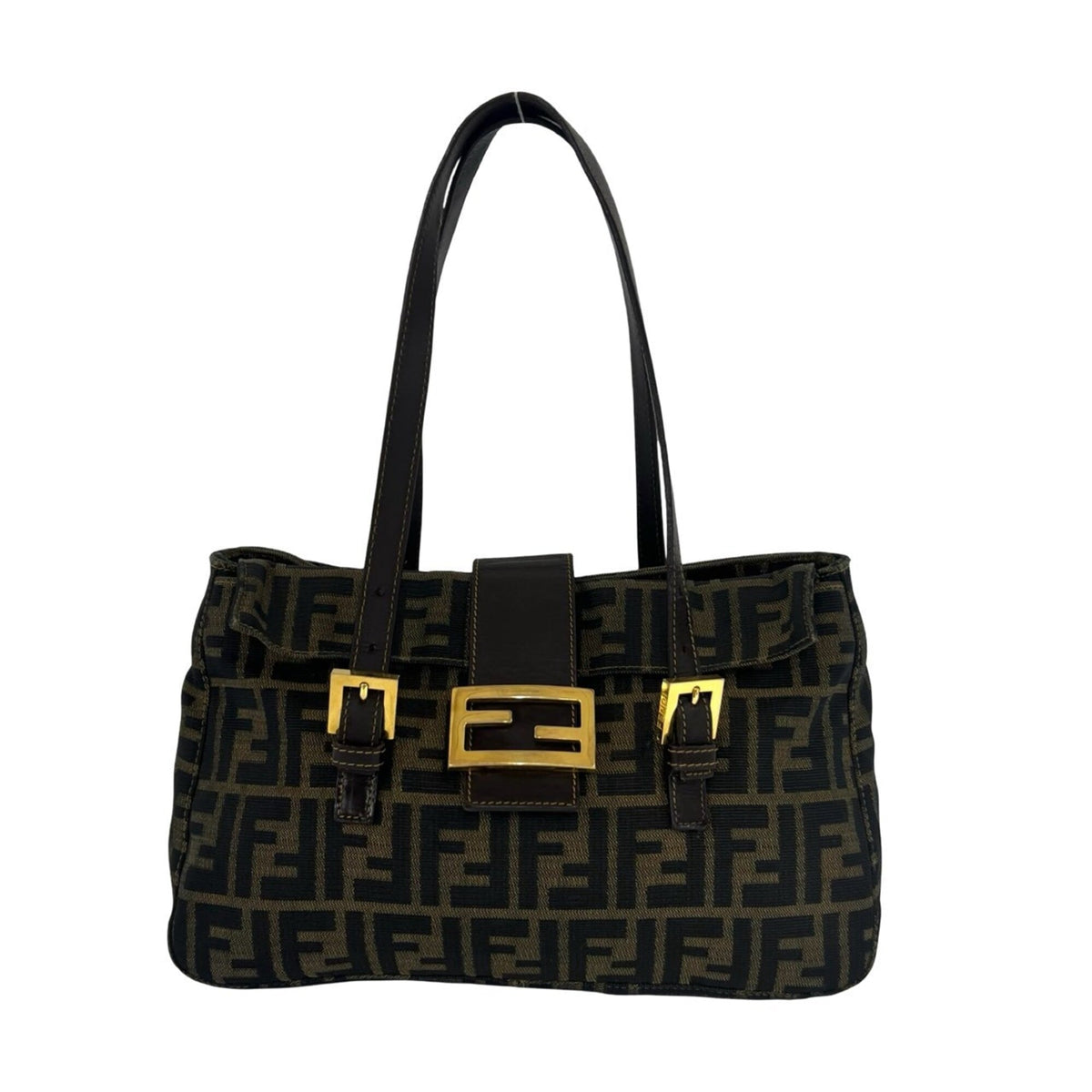 Fendi Black Brown Canvas Leather Handbag Tote Bag (Pre-Owned)