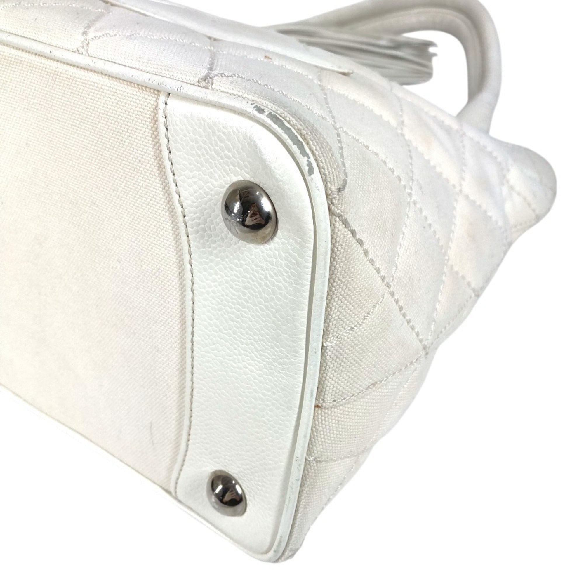 Chanel White Leather Canvas Shoulder Bag Tote Bag (Pre-Owned)