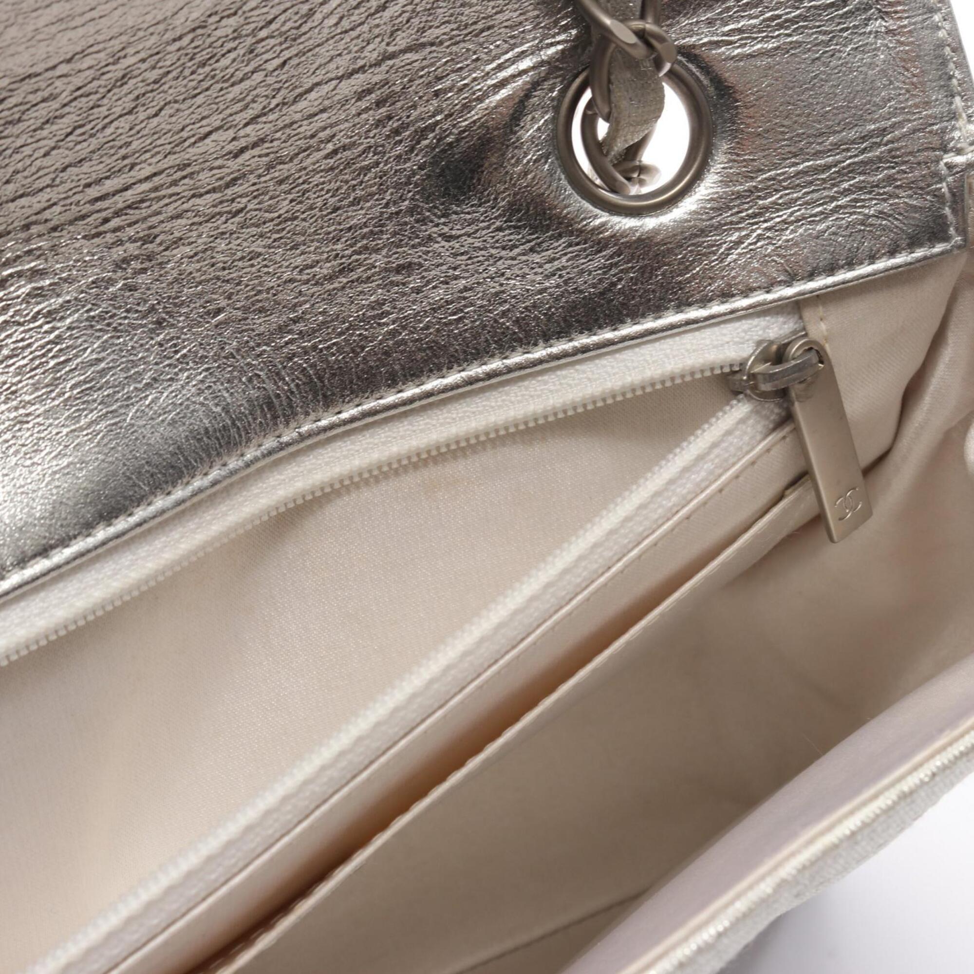 Chanel New Travel Line Silver Leather Nylon Canvas Handbag Shoulder Bag (Pre-Owned)