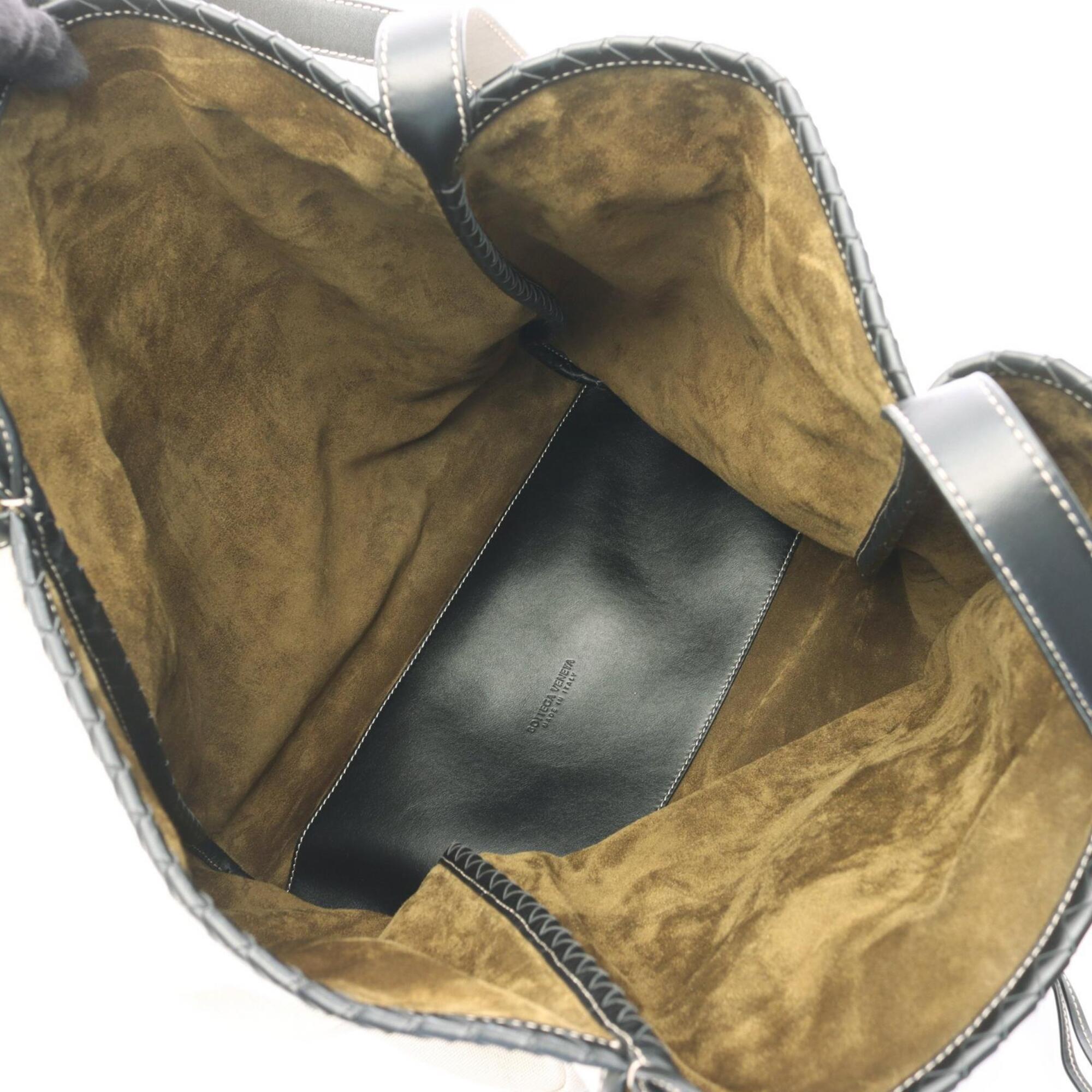Bottega Veneta Black Khaki White Canvas Suede Leather Handbag Tote Bag (Pre-Owned)